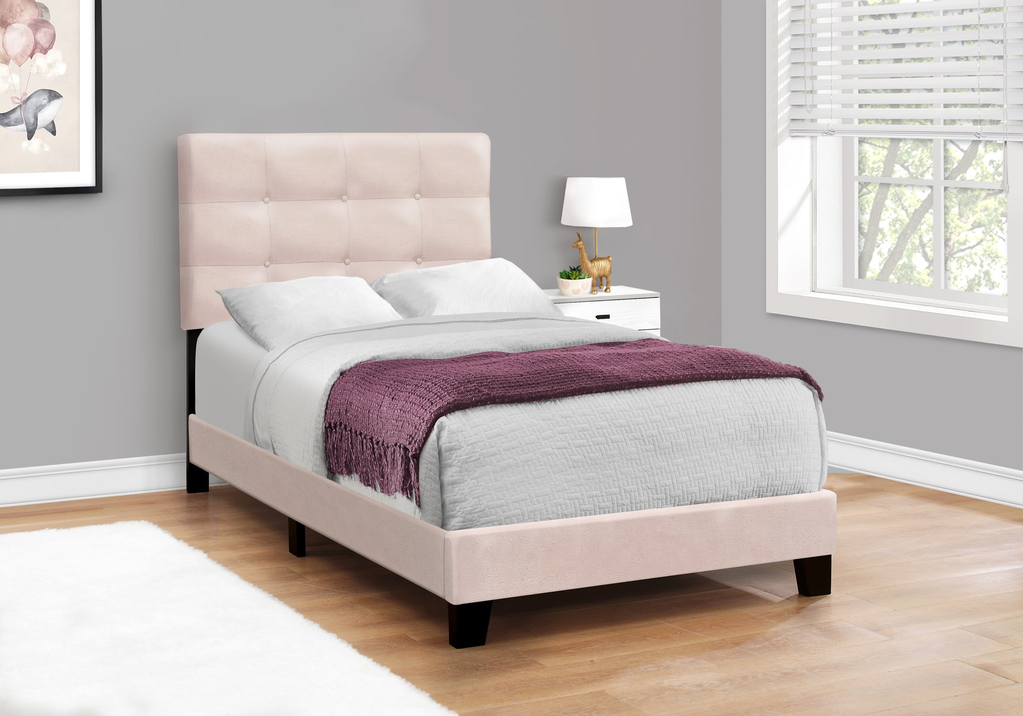 Pink Velvet Upholstered Twin Bed Frame - Youth Teen Bedroom Transitional