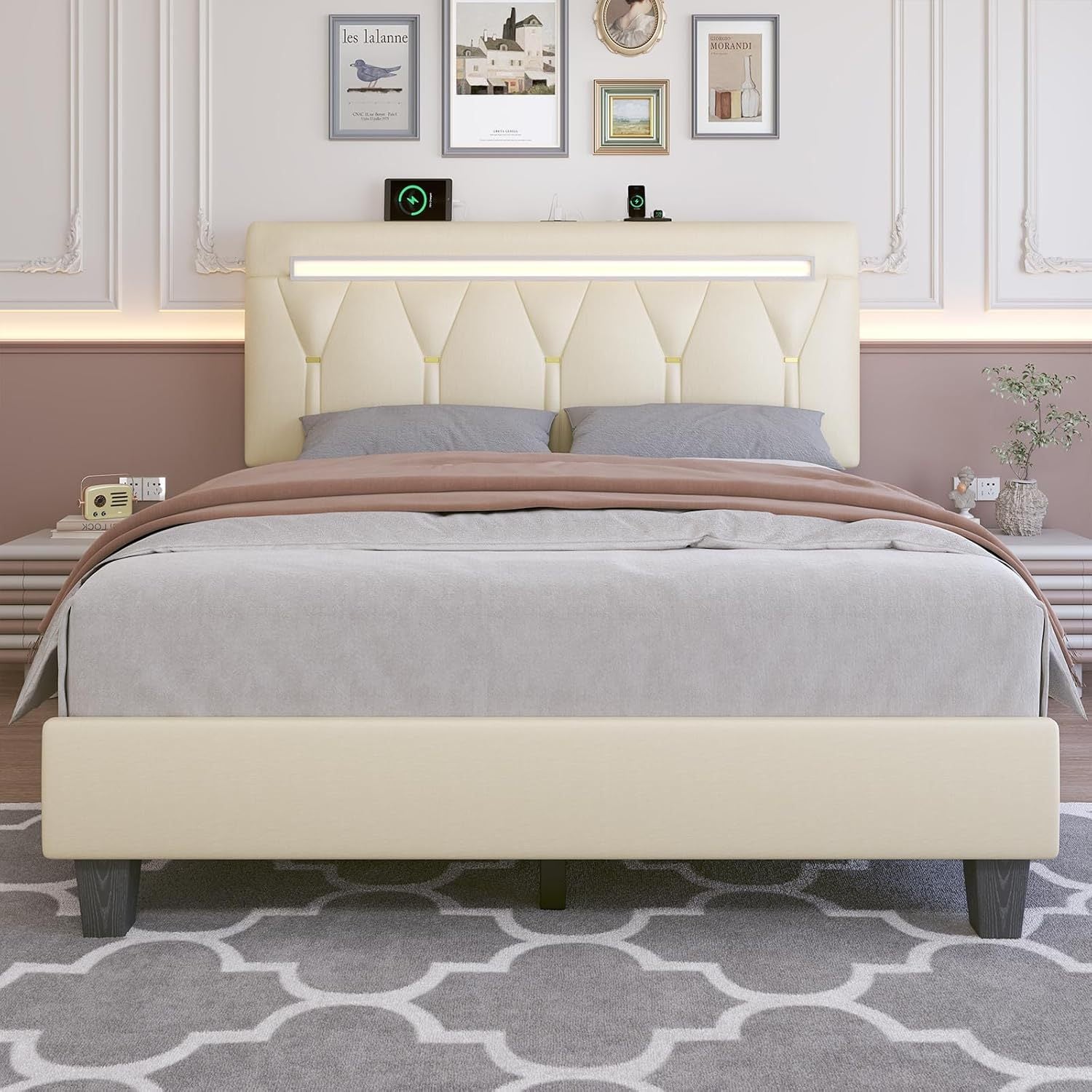 Full Upholstered Platform Bed: LED, Charging, Bluetooth