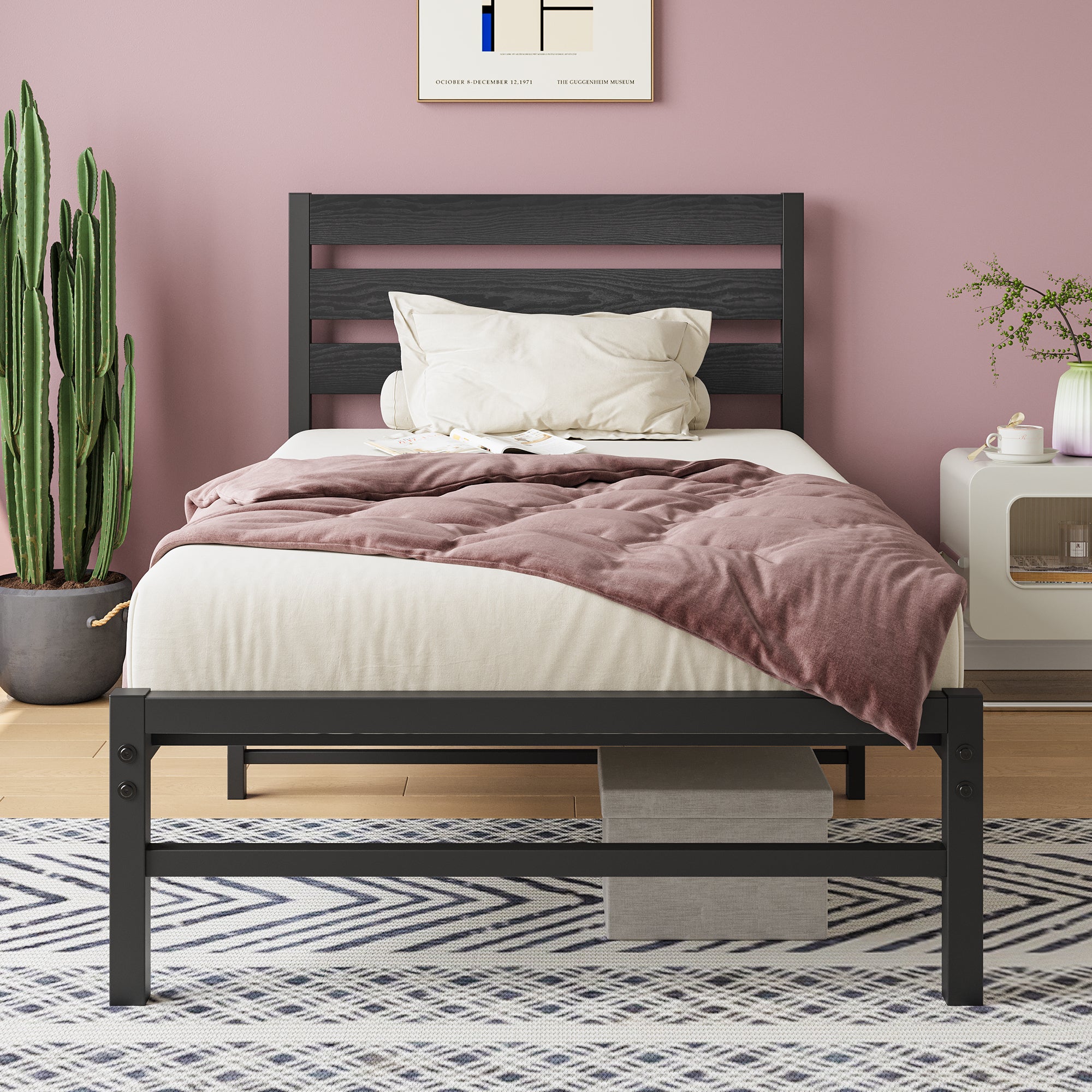 Twin Platform Bed Frame with Rustic Wood Headboard - No Box Spring Needed
