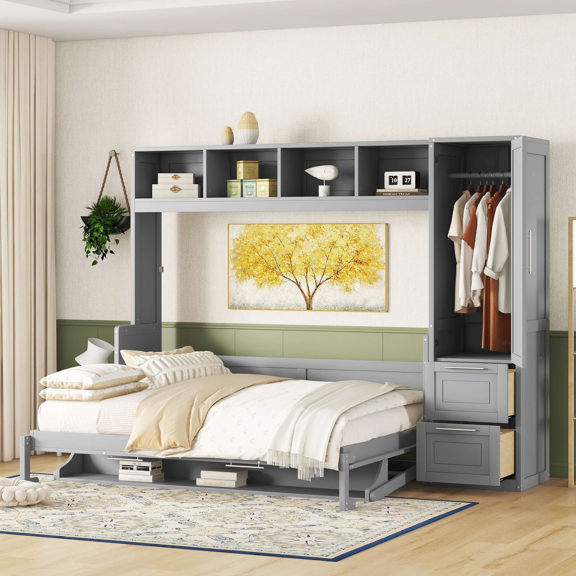 Queen Size Murphy Bed: Space-Saving Wall Bed with Closet & Drawers, Gray