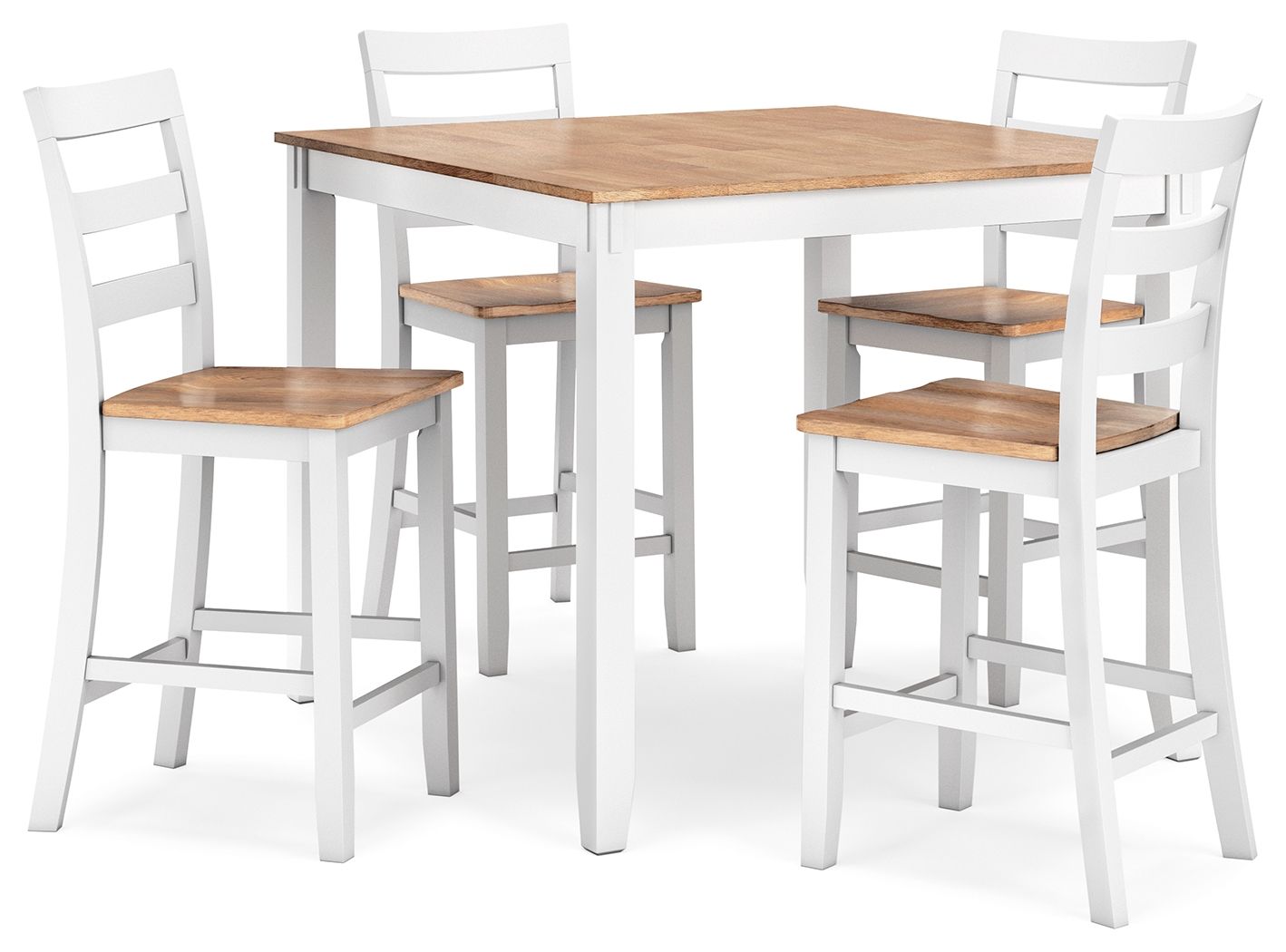 Dining room counter table set with white chairs and dark wood tabletop