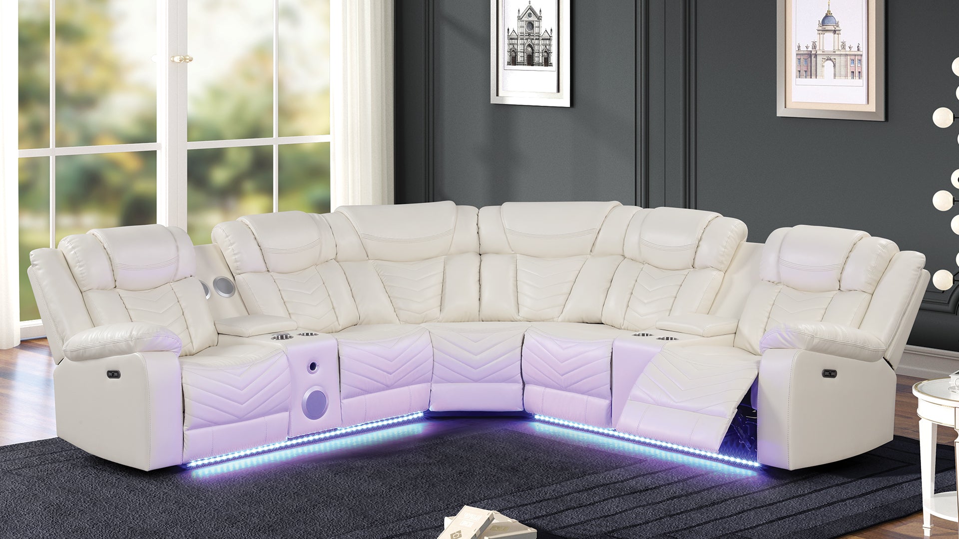 Modern Recliner Sectional Sofa: USB-C, Bluetooth, Ice