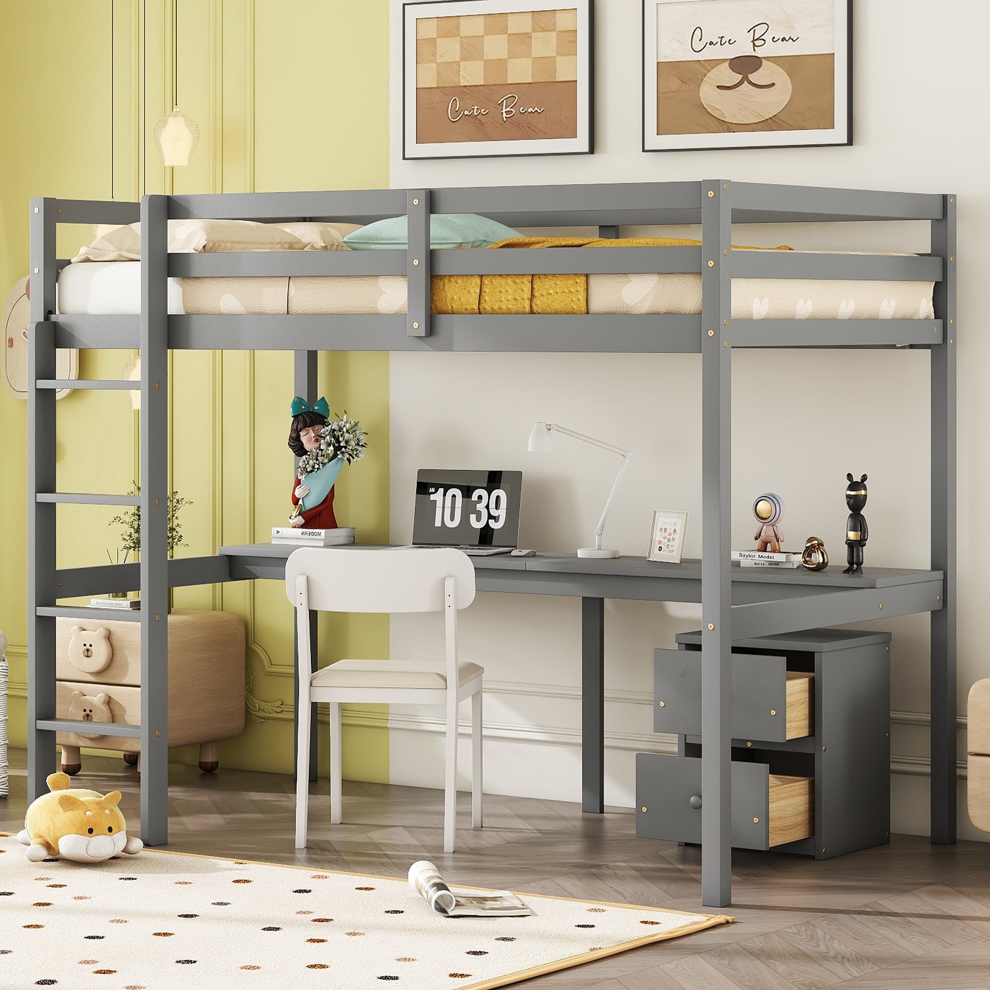 Twin Wood Loft Bed with Desk, Storage, Drawers, Ladder - Grey