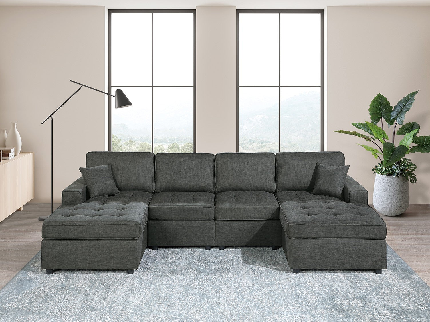 Contemporary Ash Black Dorris Fabric Sectional Sofa Set
