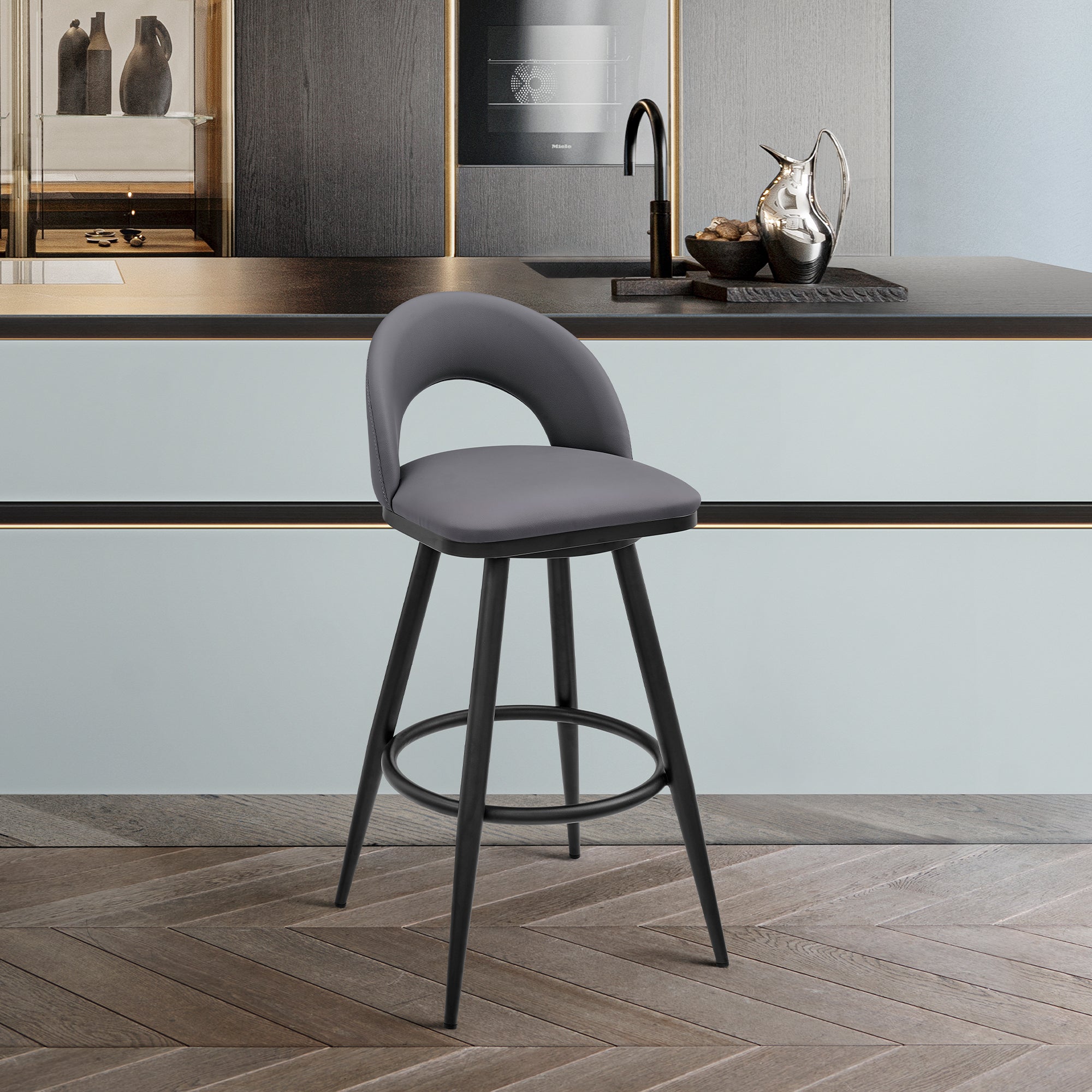 Juvina Swivel Bar Stool: Black Metal & Gray Faux Leather Seat