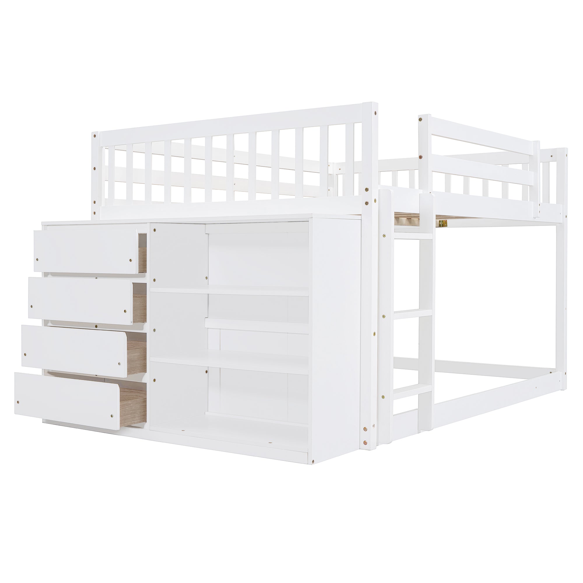 White Full Over Full Bunk Bed with Storage & Shelves - Solid Wood