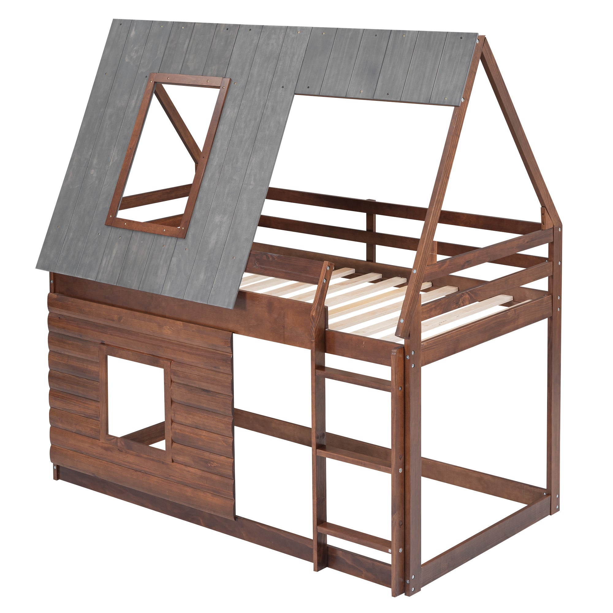 Hearth & Haven Twin Bunk Bed w/House Roof, Ladder, 2 Windows, Oak Grey