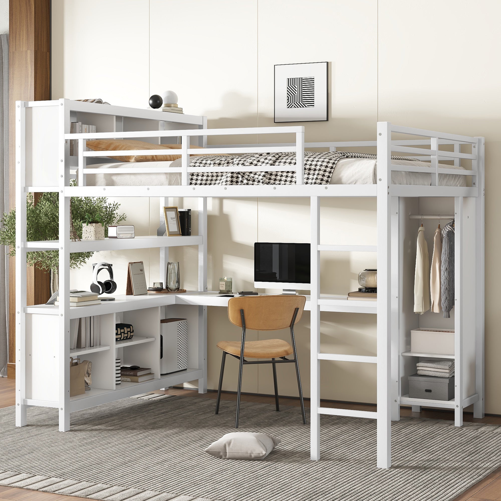 Heavy Duty Queen Metal Loft Bed with Wardrobe & Desk, White