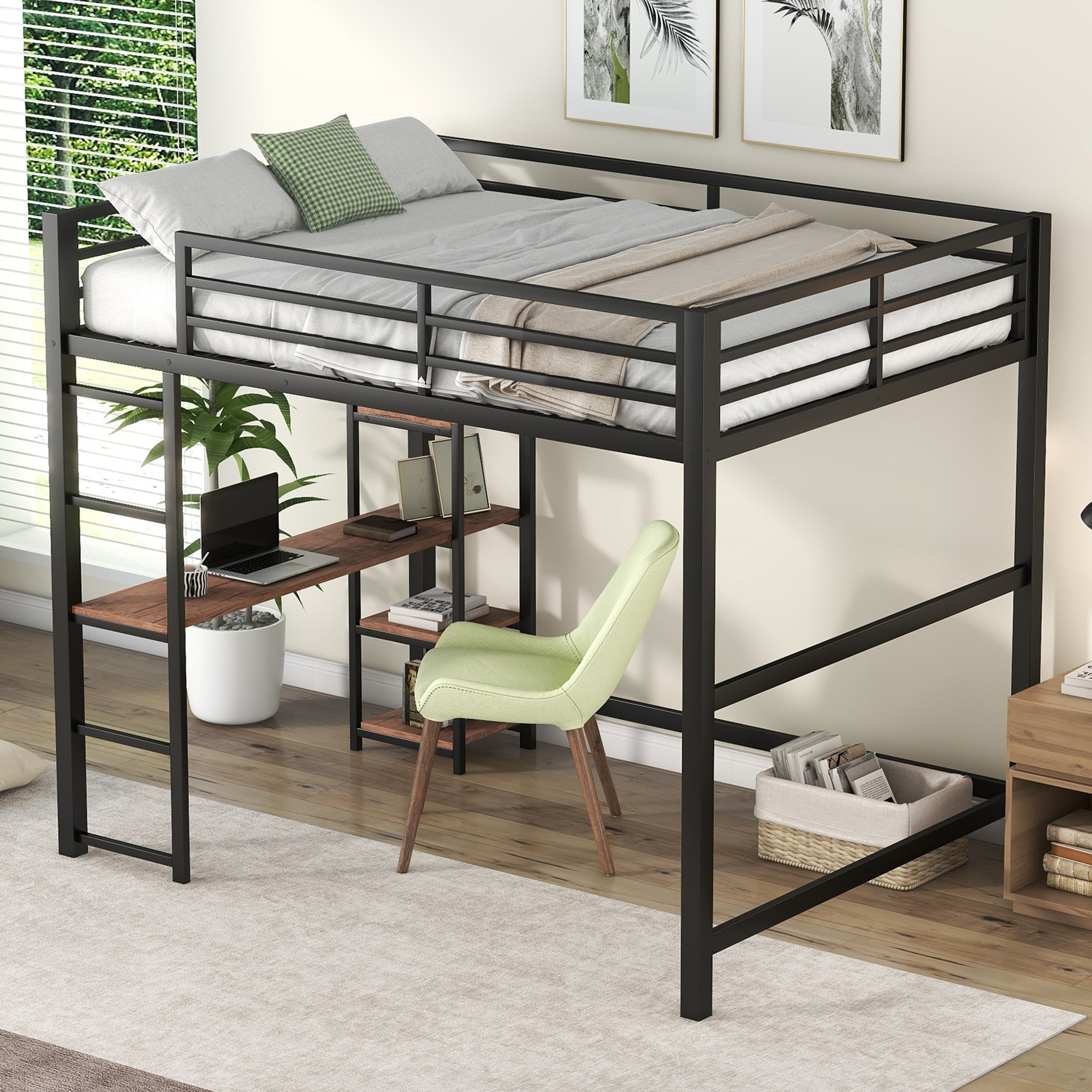 Full Size Metal Loft Bed with Desk & Storage Shelves - Black