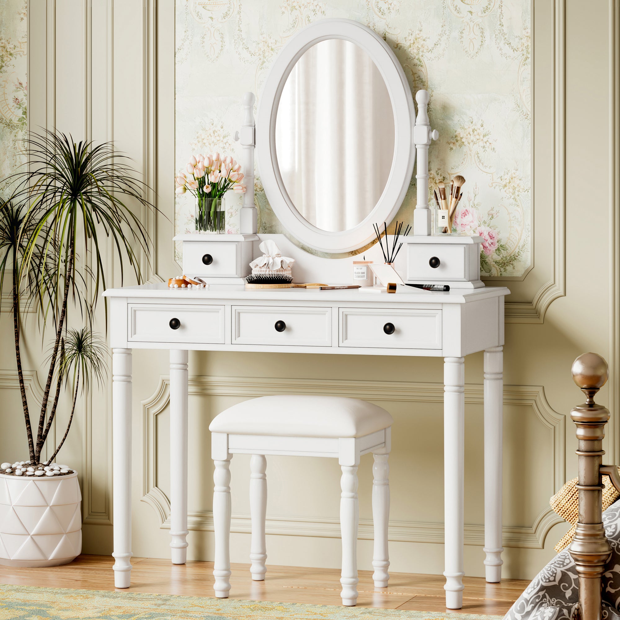 Vintage White Vanity Desk with Adjustable Mirror & Stool, 5 Drawers