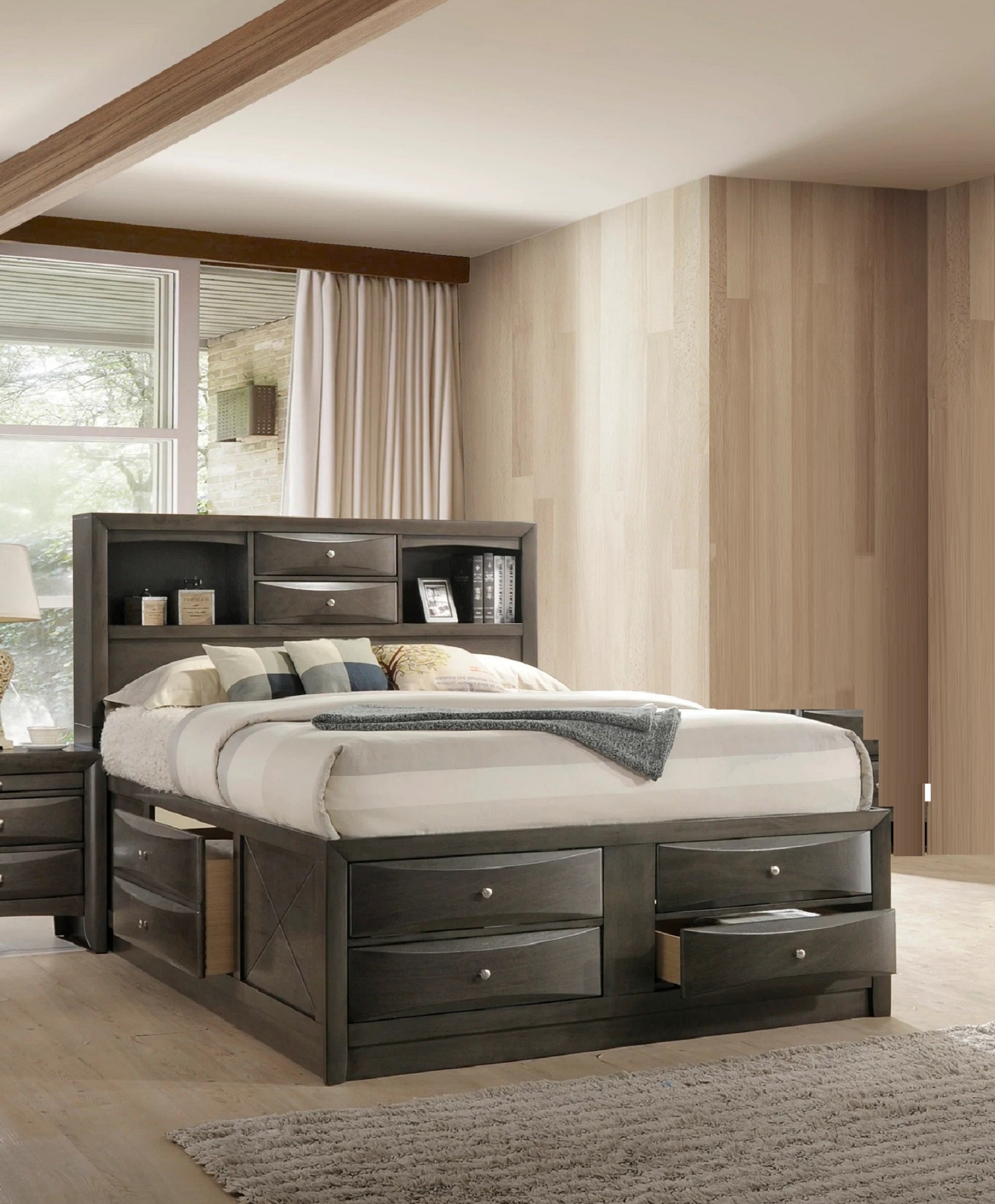 Contemporary King Captain's Platform Bed w/ Bookcase & Storage - Grey Wood