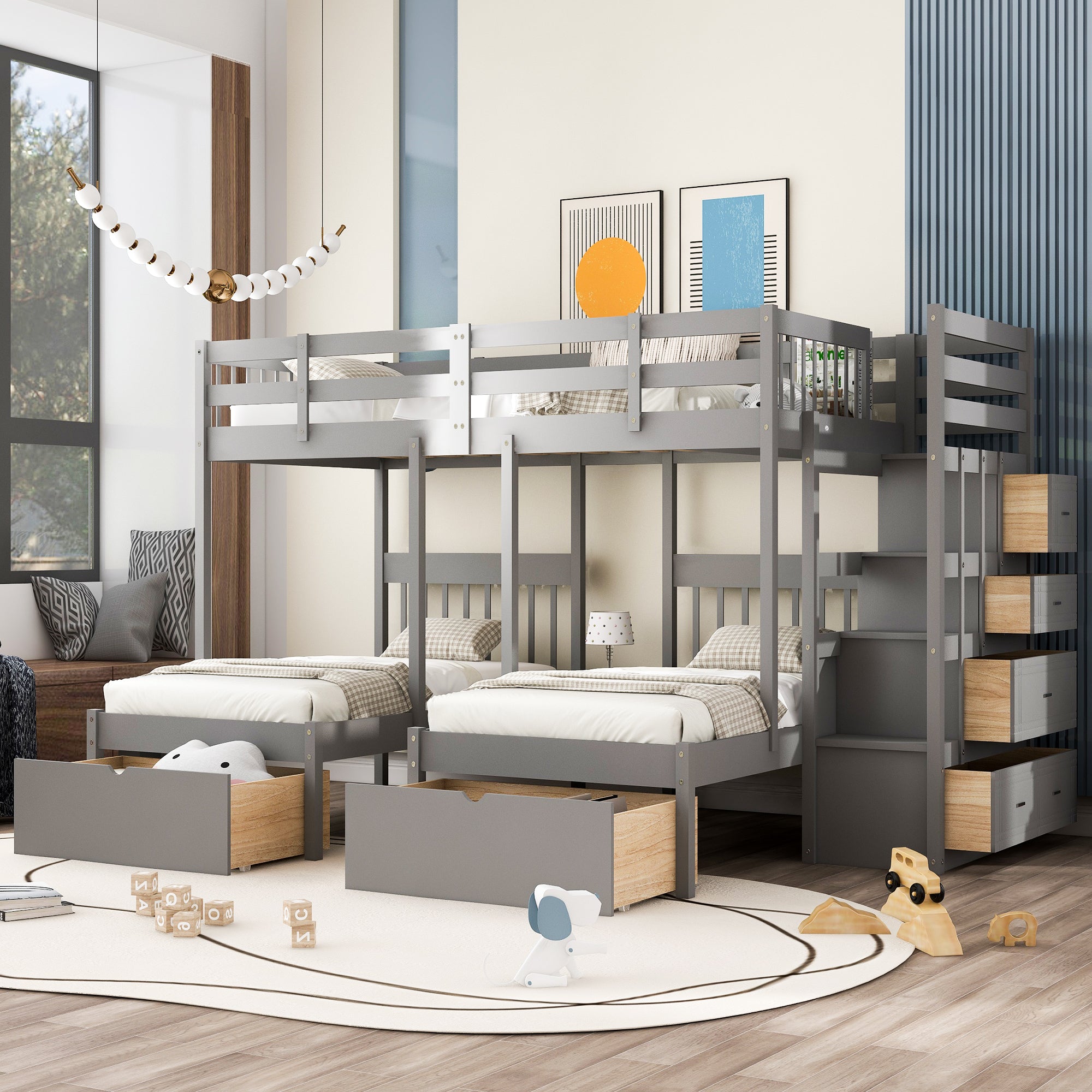 Gray Wood Triple Bunk Bed: Full/Twin/Twin, Storage Drawers, Guardrails