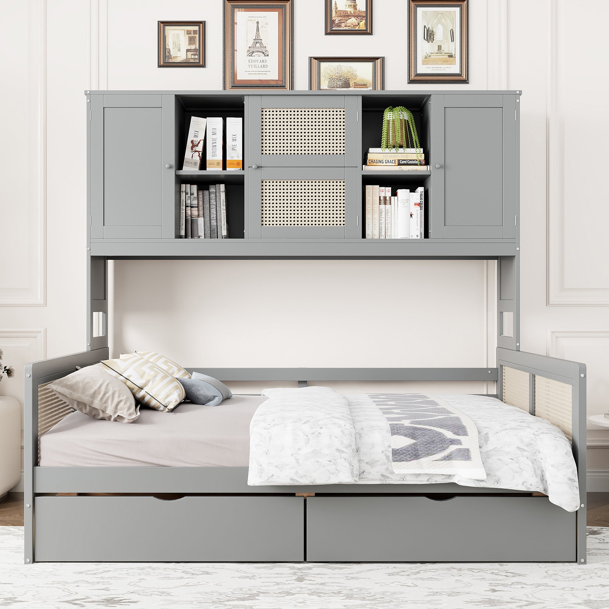 Gray Full Size Wooden Daybed w/ 2 Drawers, Cabinet & Shelf Storage