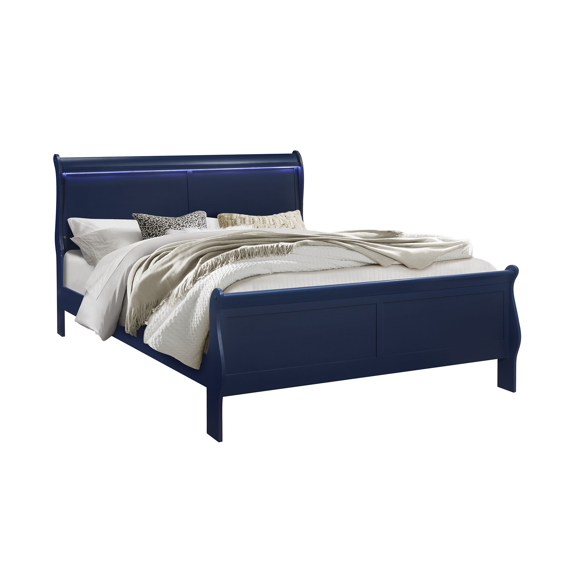 Charleston Transitional Sleigh King Bed Blue LED Lighting Wood MDF