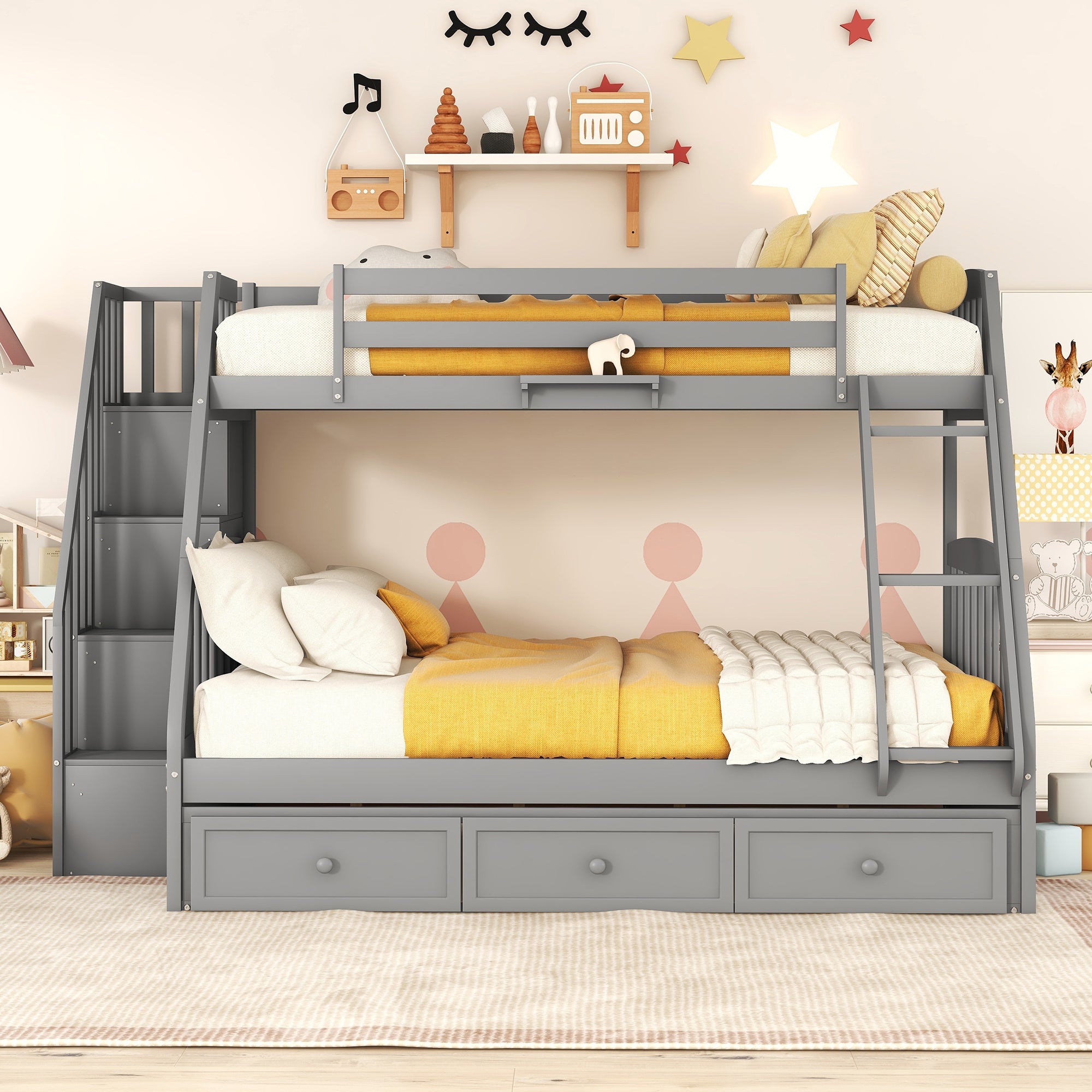 Gray Twin-Over-Full Bunk Bed with Drawers & Storage Staircase