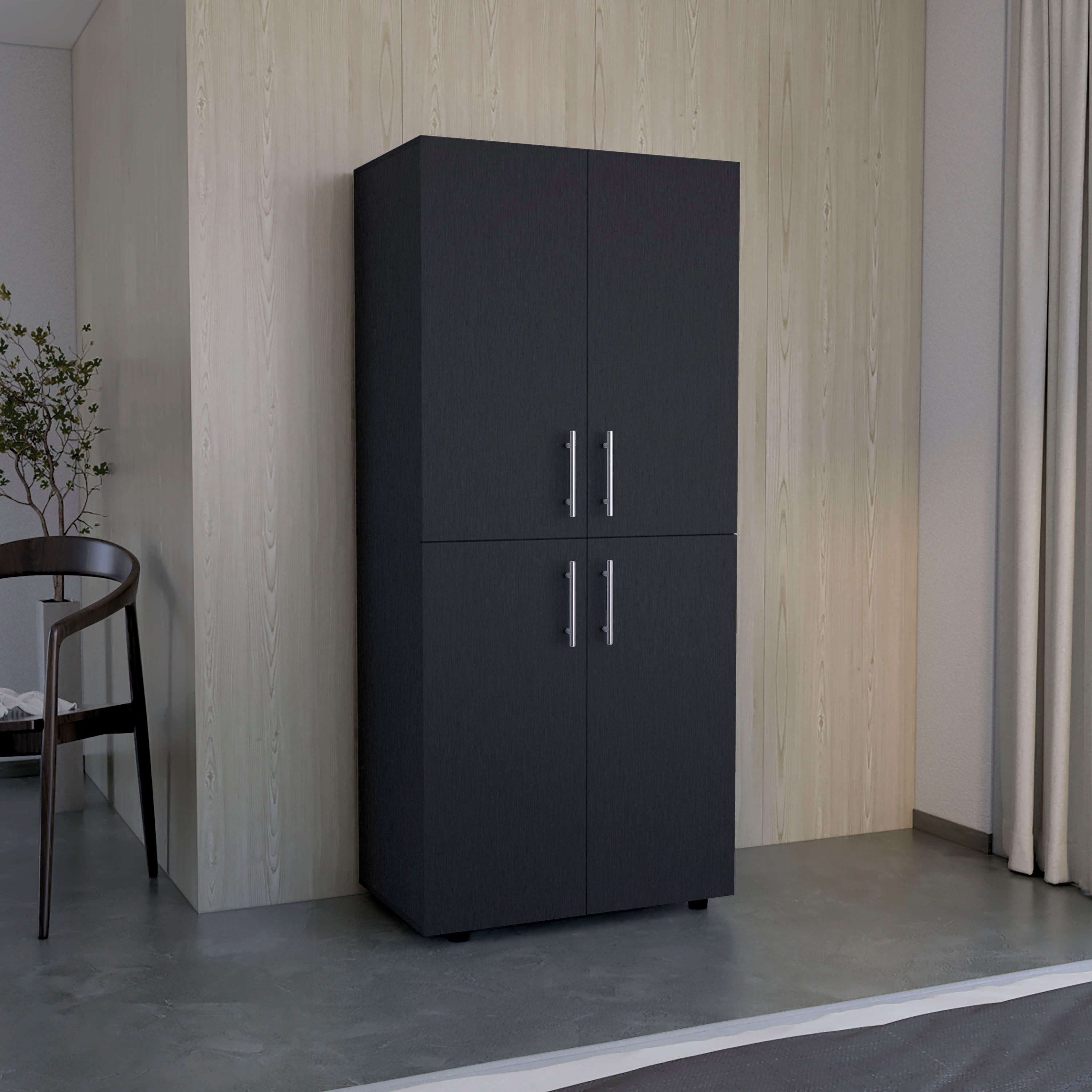 Black 70" Armoire Wardrobe: Double Doors, 6 Shelves, 2 Rods