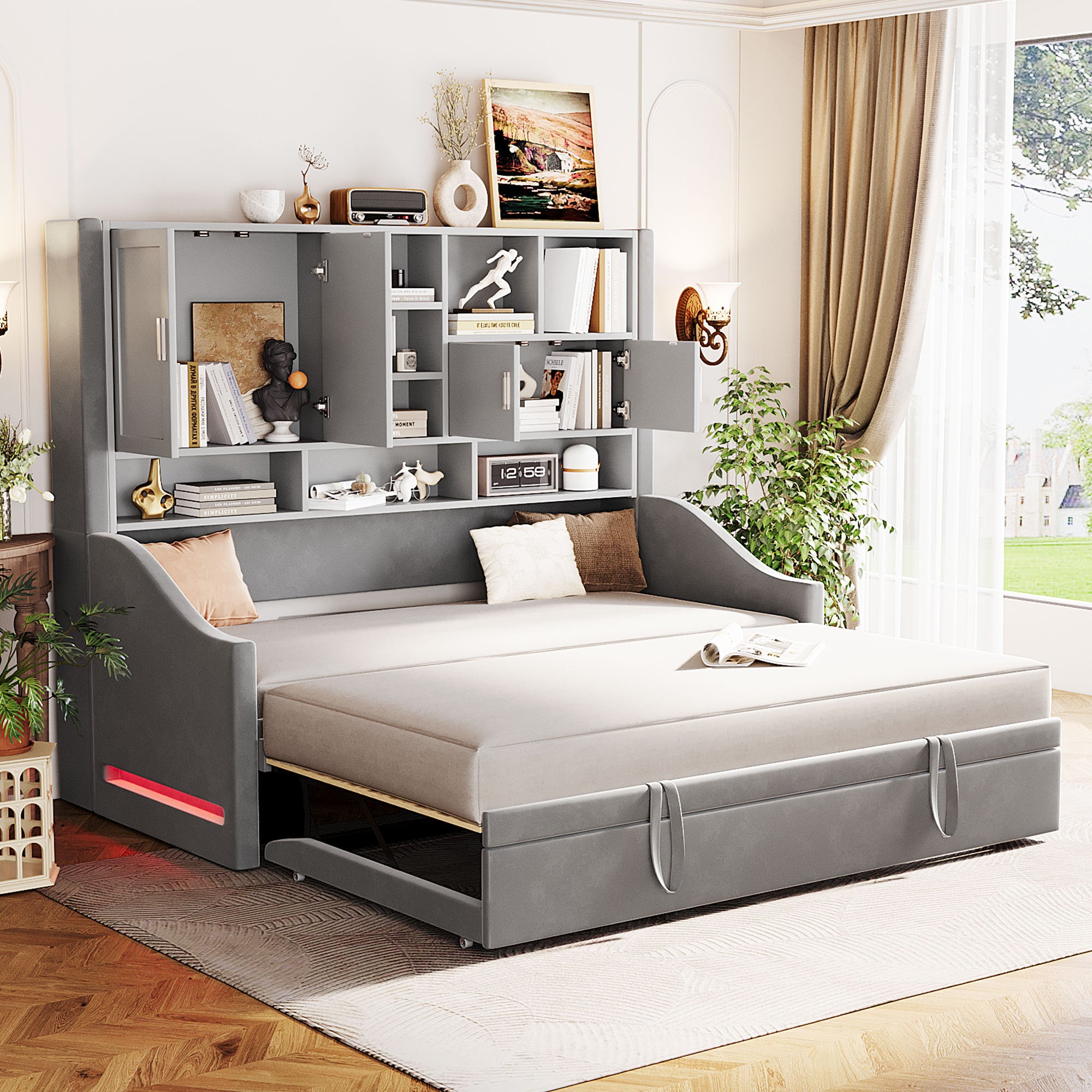 Twin Upholstered Daybed with LED, Storage & Lift-Up Trundle (Gray)