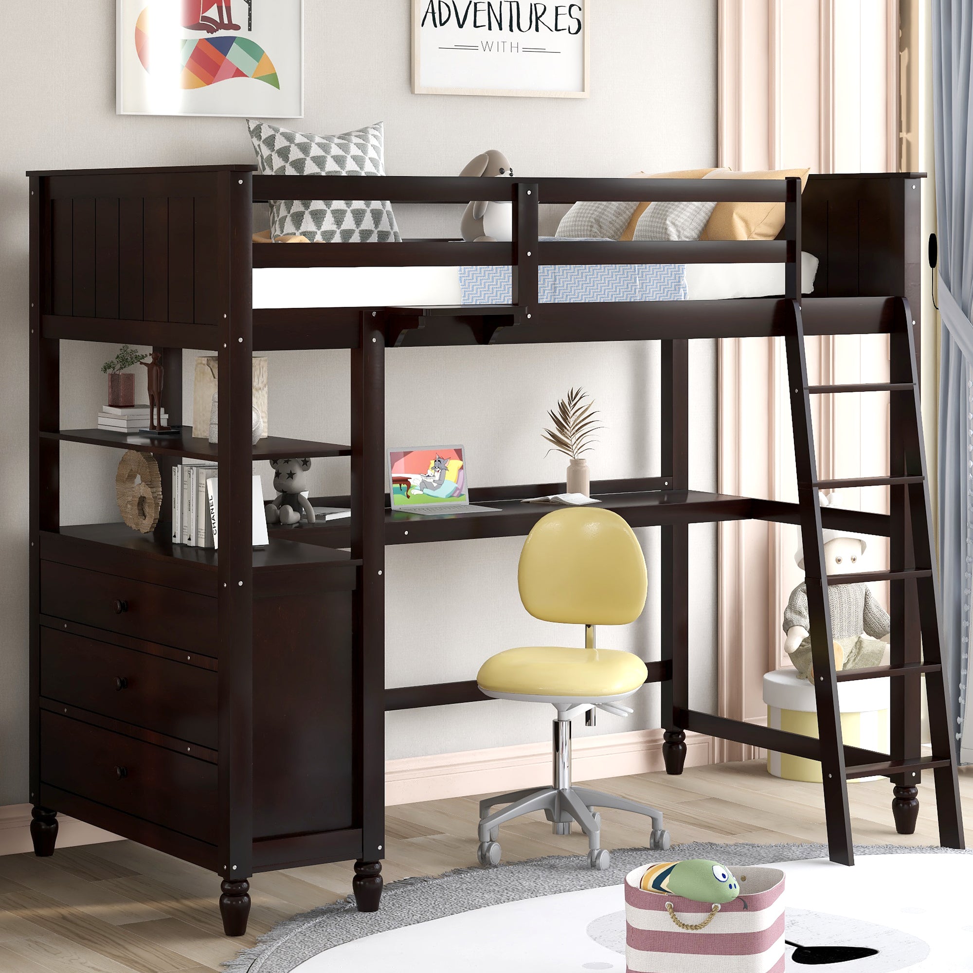 Twin Loft Bed with Desk, Drawers & Shelves - Espresso Wood