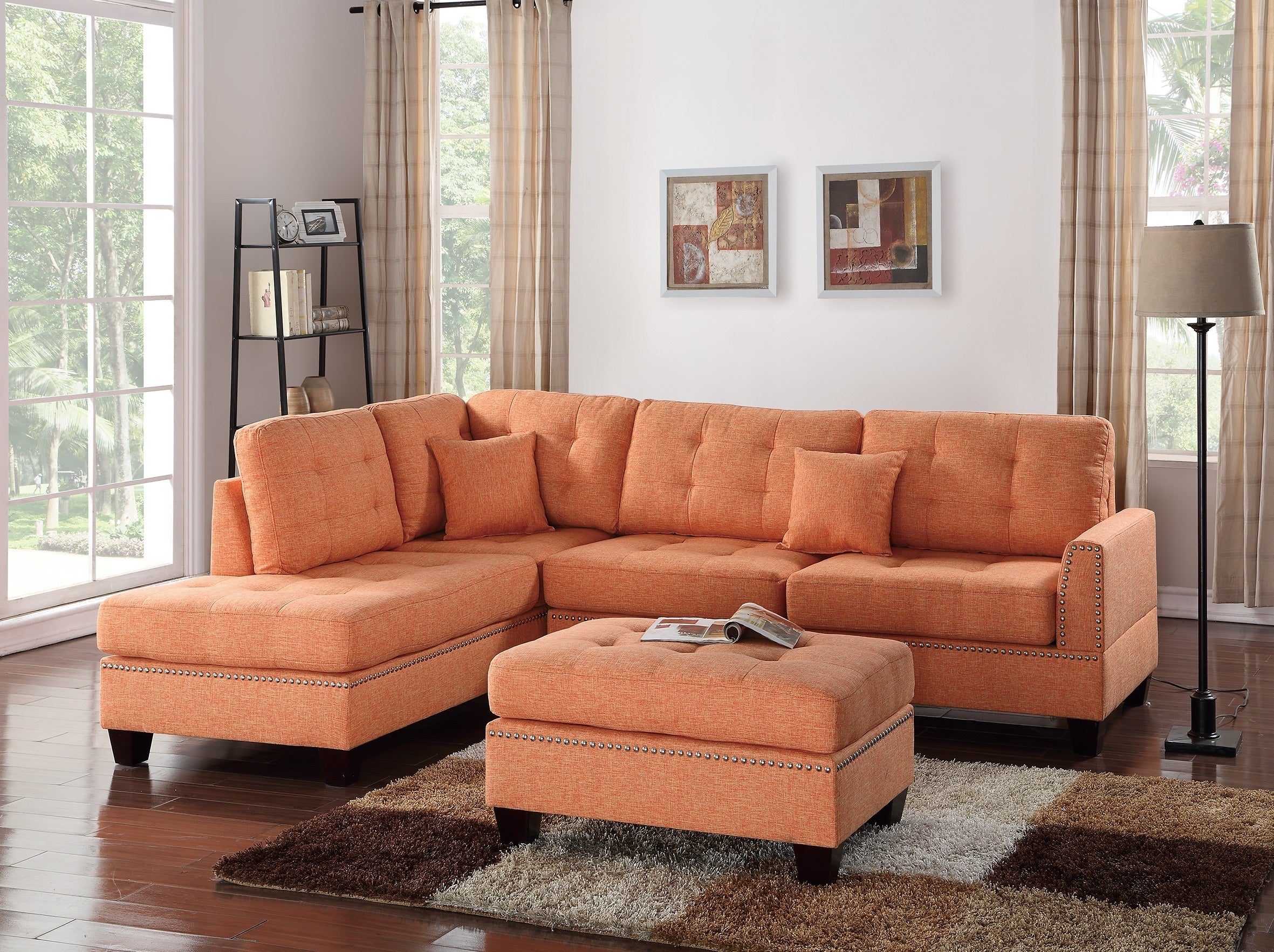 Modern Citrus 3pc Sectional Sofa Reversible Chaise Tufted