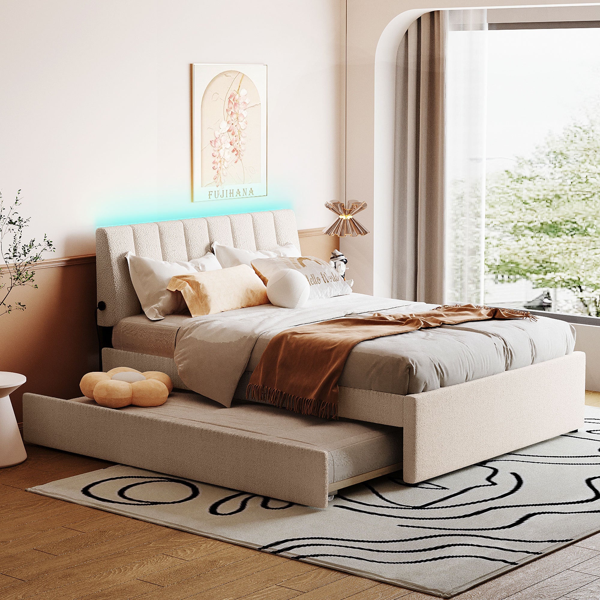Beige Teddy Fleece Full Upholstered Platform Bed w/ Twin Trundle