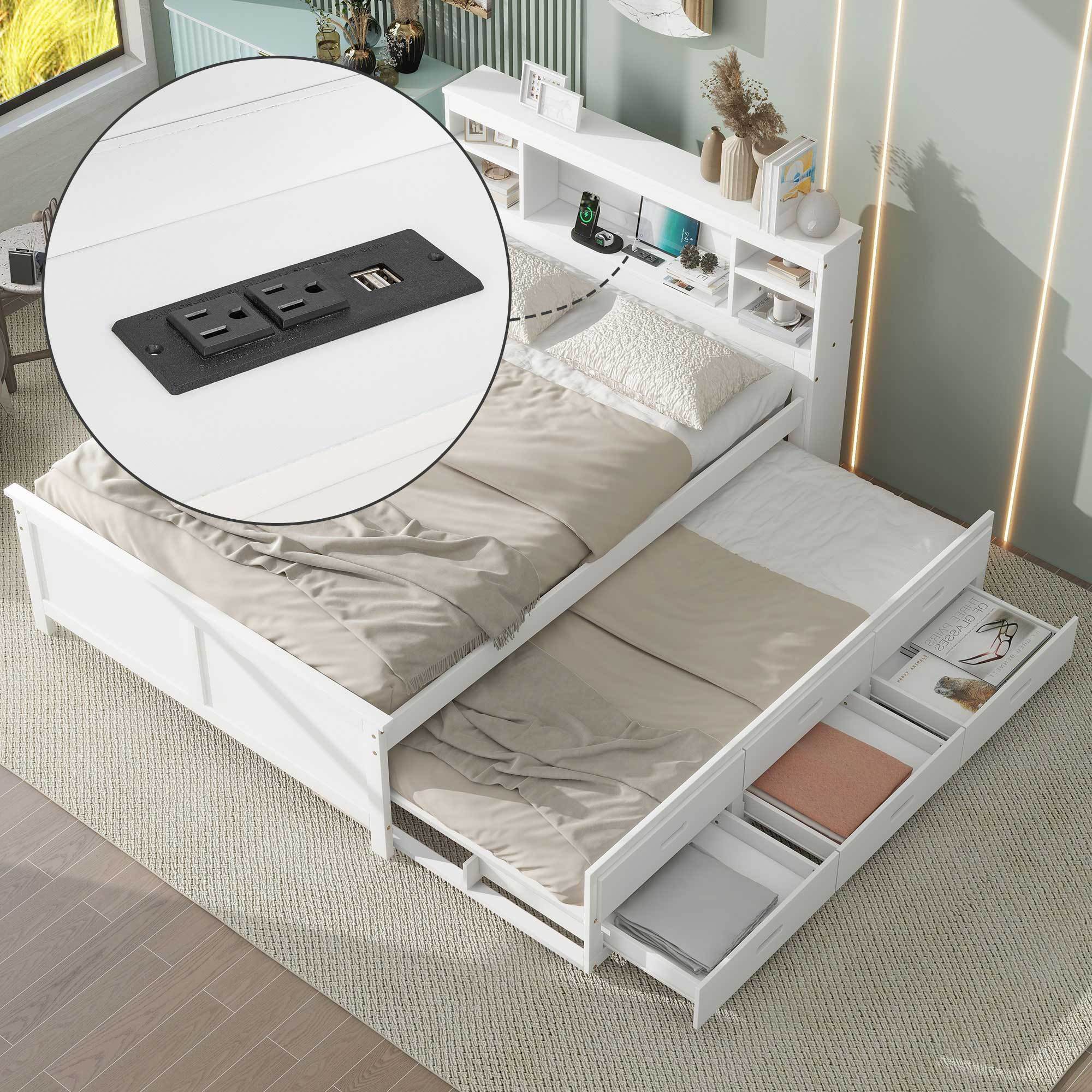 Full Size Platform Bed w/ Storage, USB, Trundle & 3 Drawers - White