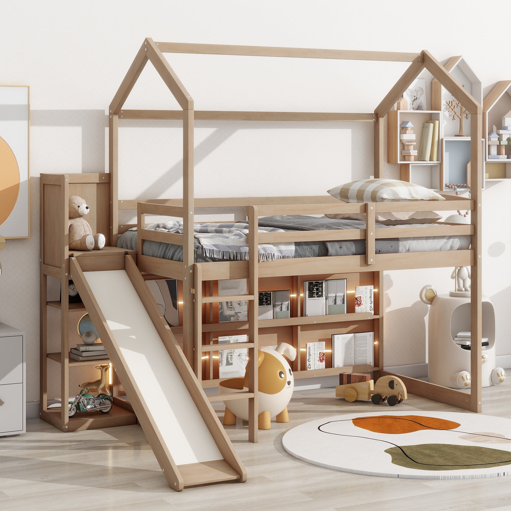 Twin Wood House Loft Bed: Slide, Storage, Light & Climbing Ramp