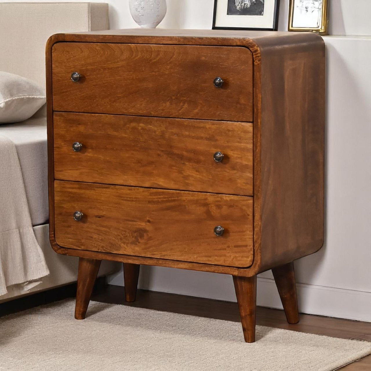 Nordic Solid Wood Mini Curved Chestnut 3-Drawer Chest