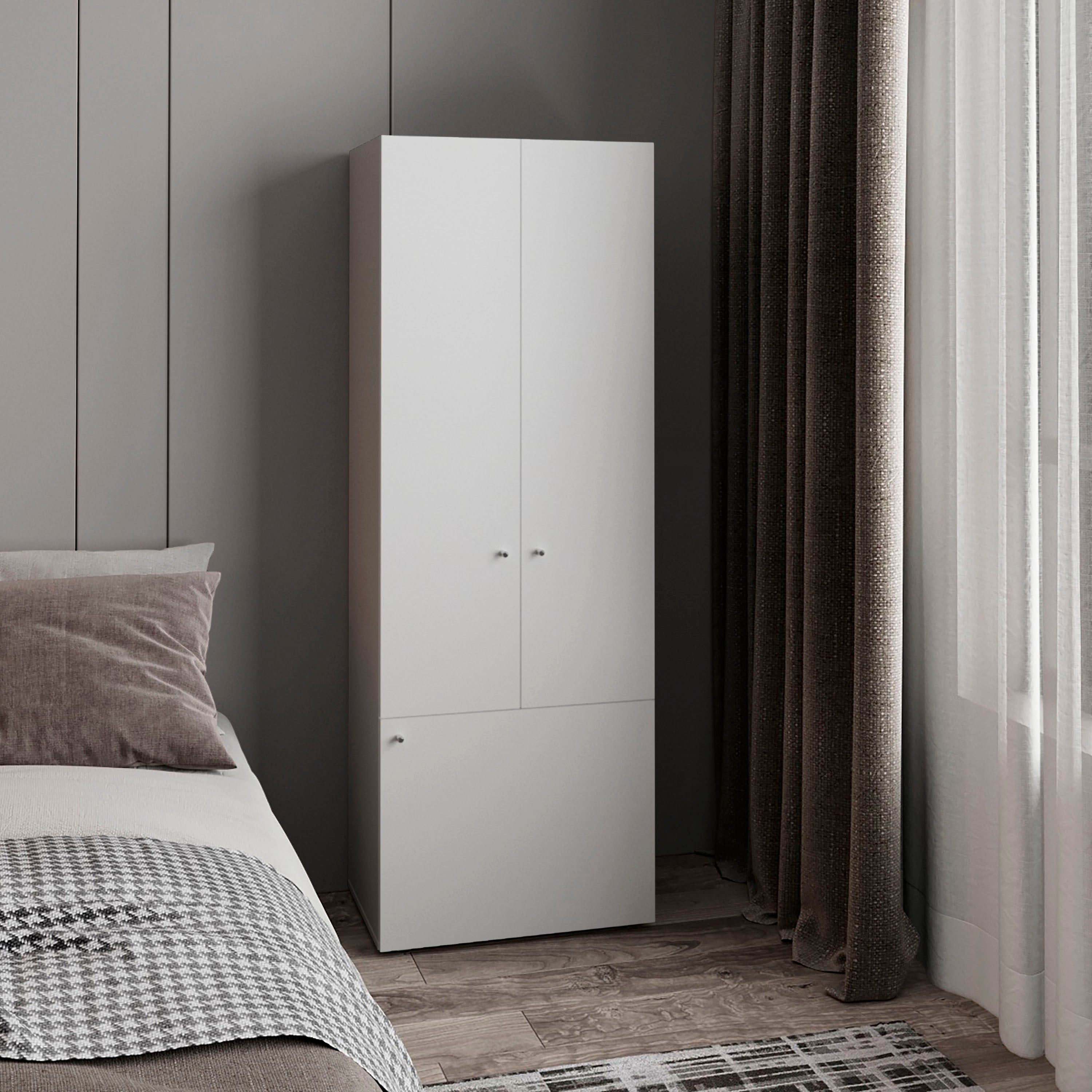 White 3-Door Freestanding Closet: Rod, Shelves, Storage