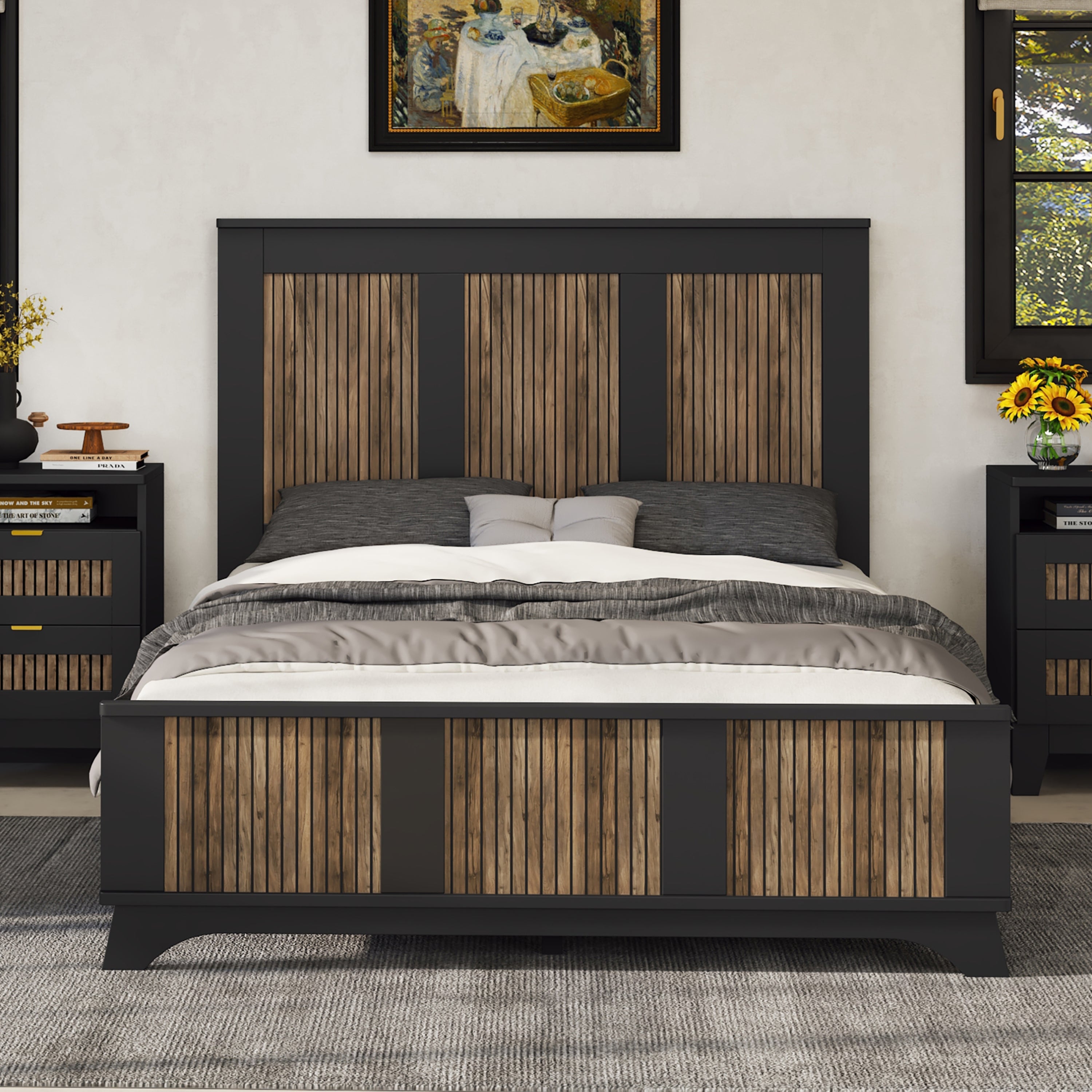 Farmhouse Full Size Wooden Platform Bed with Modern Black Finish