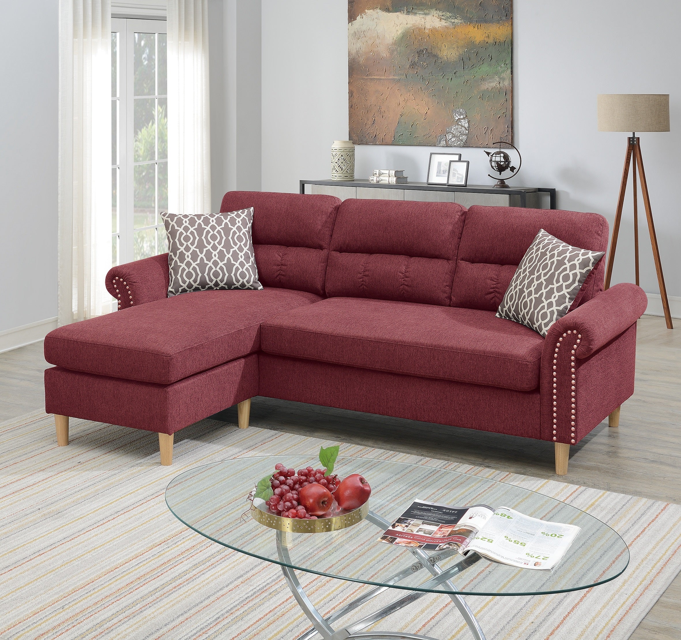Paparika Red Polyfiber Reversible Sectional Sofa Couch w/Chaise