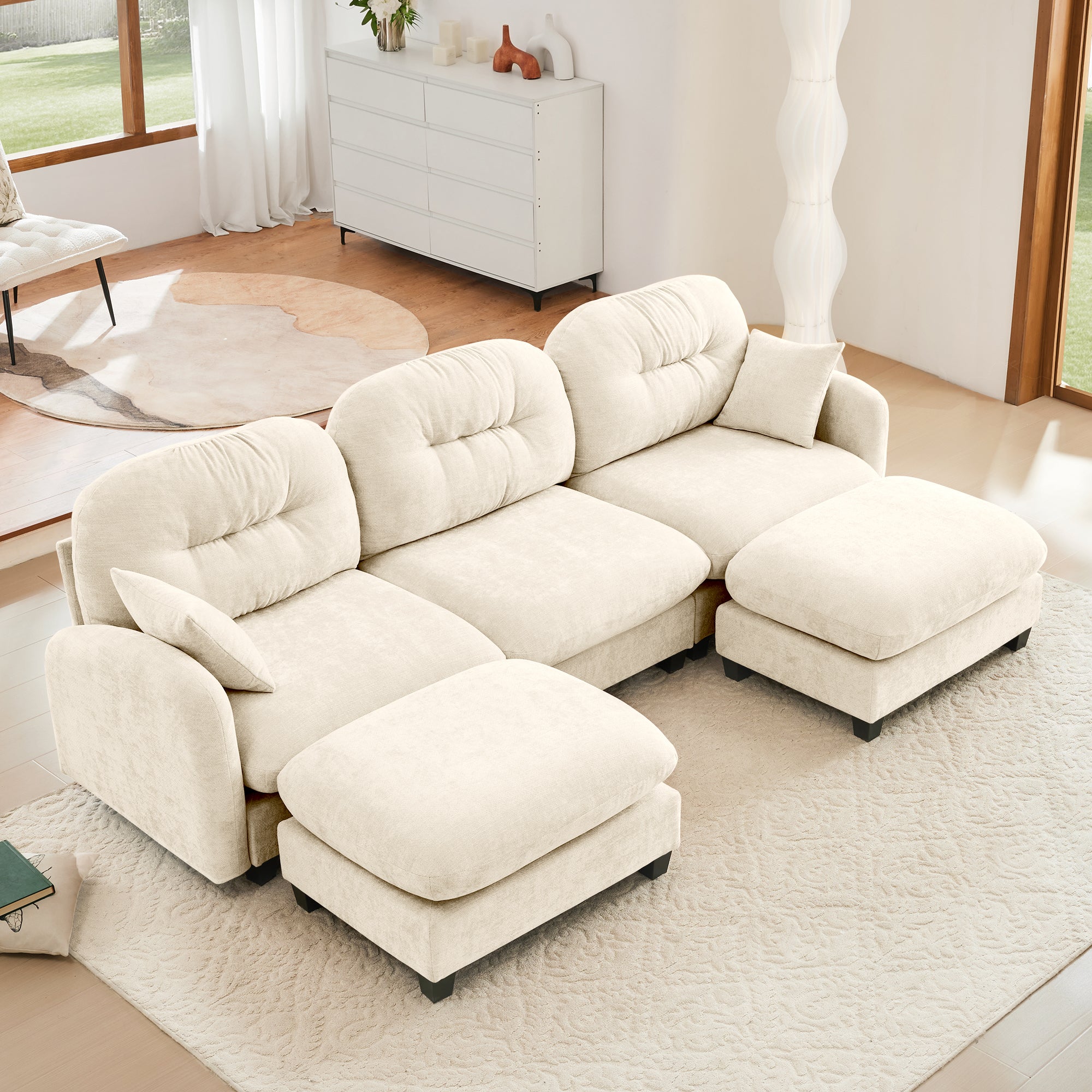 Premium Beige Modular U-Sectional Sofa w/ Ottoman, Chenille
