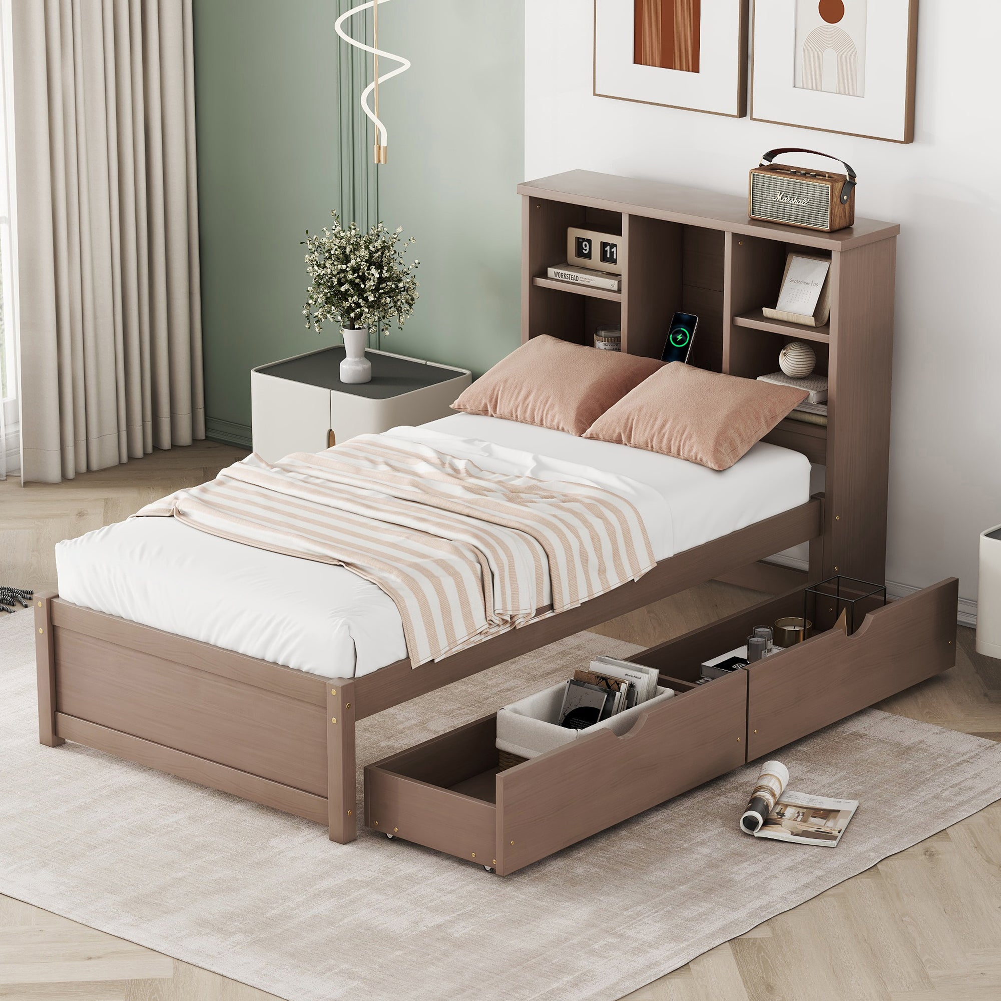 Modern Twin Bed Frame w/ USB & Drawers