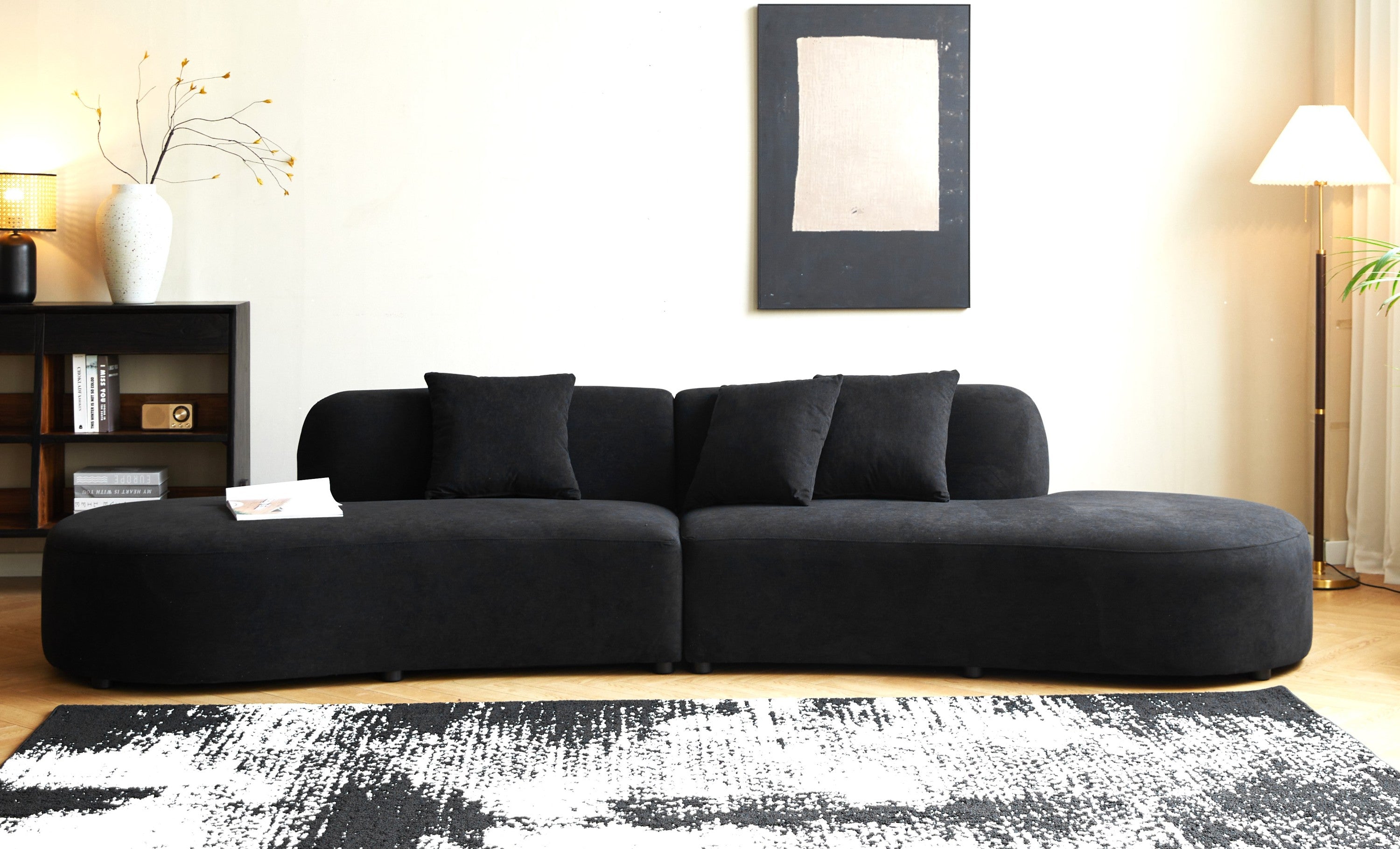 132" Black Velvet Curved Sofa - 6 Seater Half Moon Couch