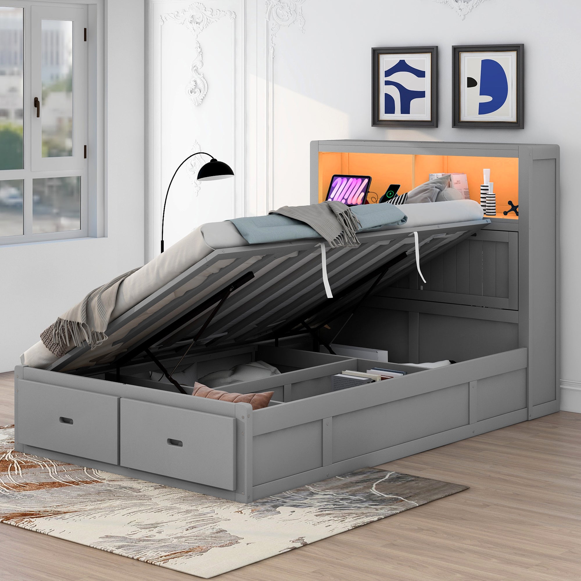 Gray Full Size Wood Hydraulic Platform Bed w/ LED, Storage & USB