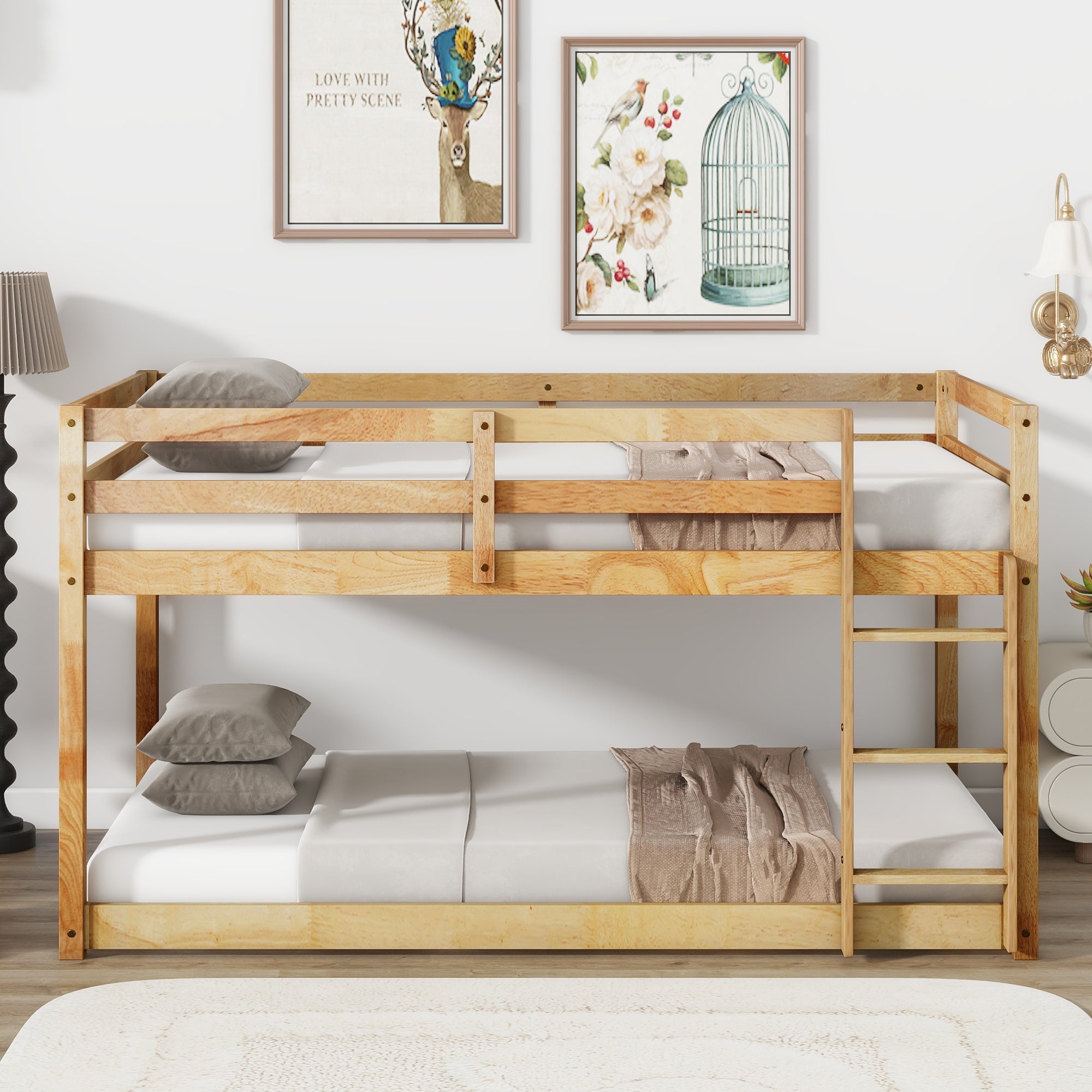 Solid Rubberwood Twin Over Twin Floor Bunk Bed, Ladder & Slats Natural