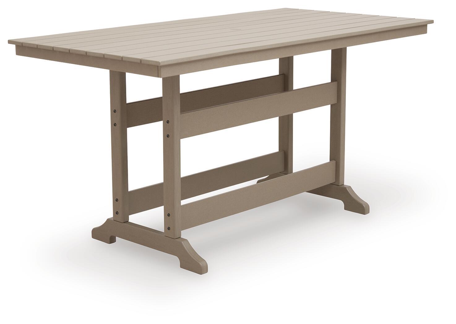Medium brown rectangular counter-height dining table with slatted apron and sturdy legs