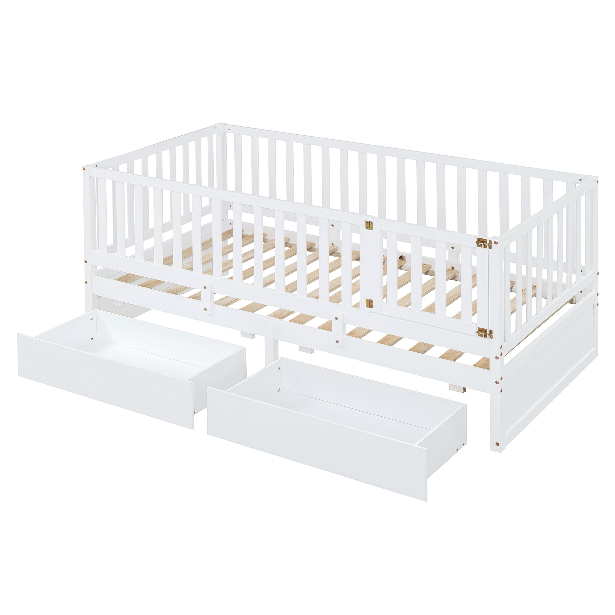 Twin Wood Daybed w/Guardrails & 2 Drawers - Convertible Floor Bed, White