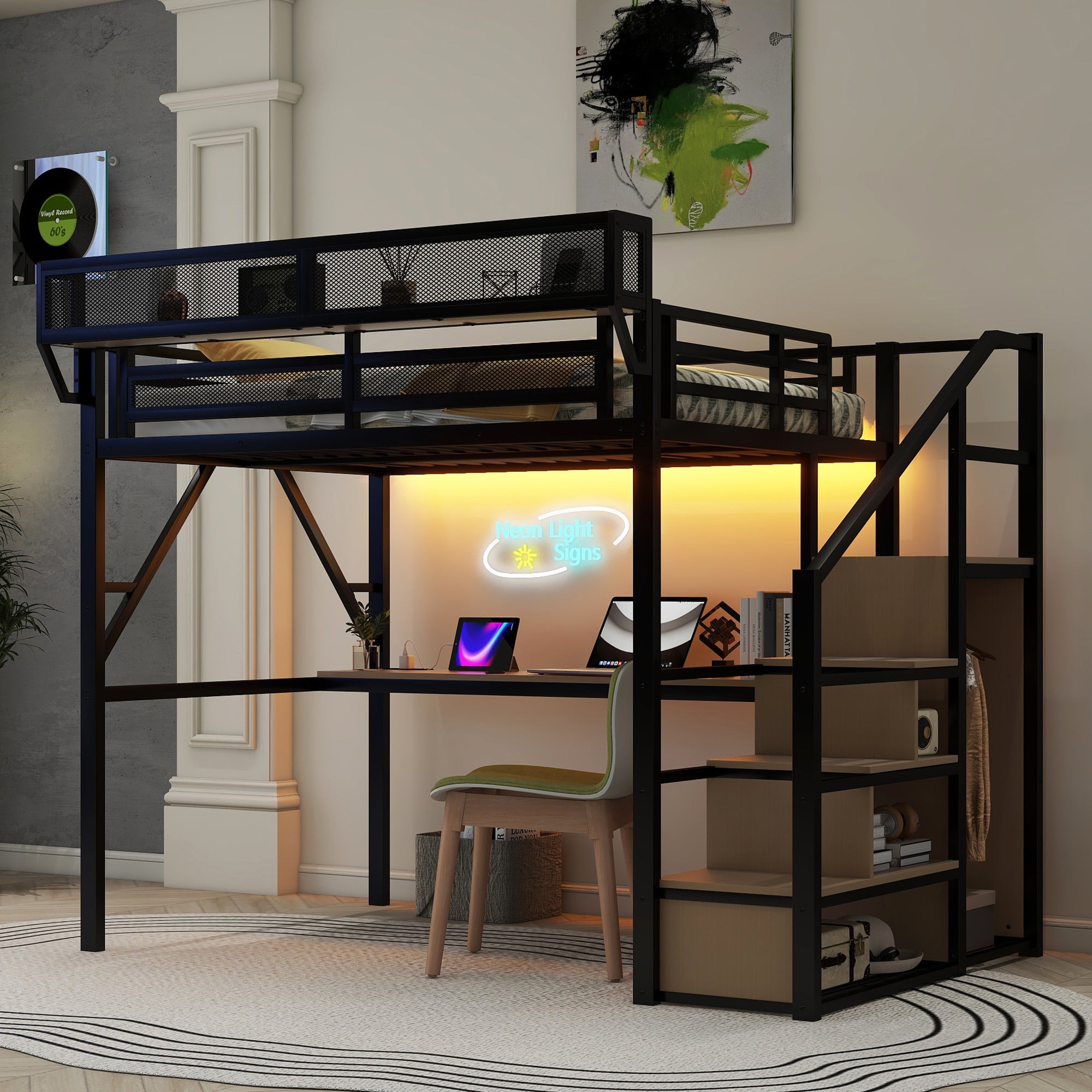 Full Loft Bed w/Desk, Charging, Stairs, Light, Black Metal for Kids