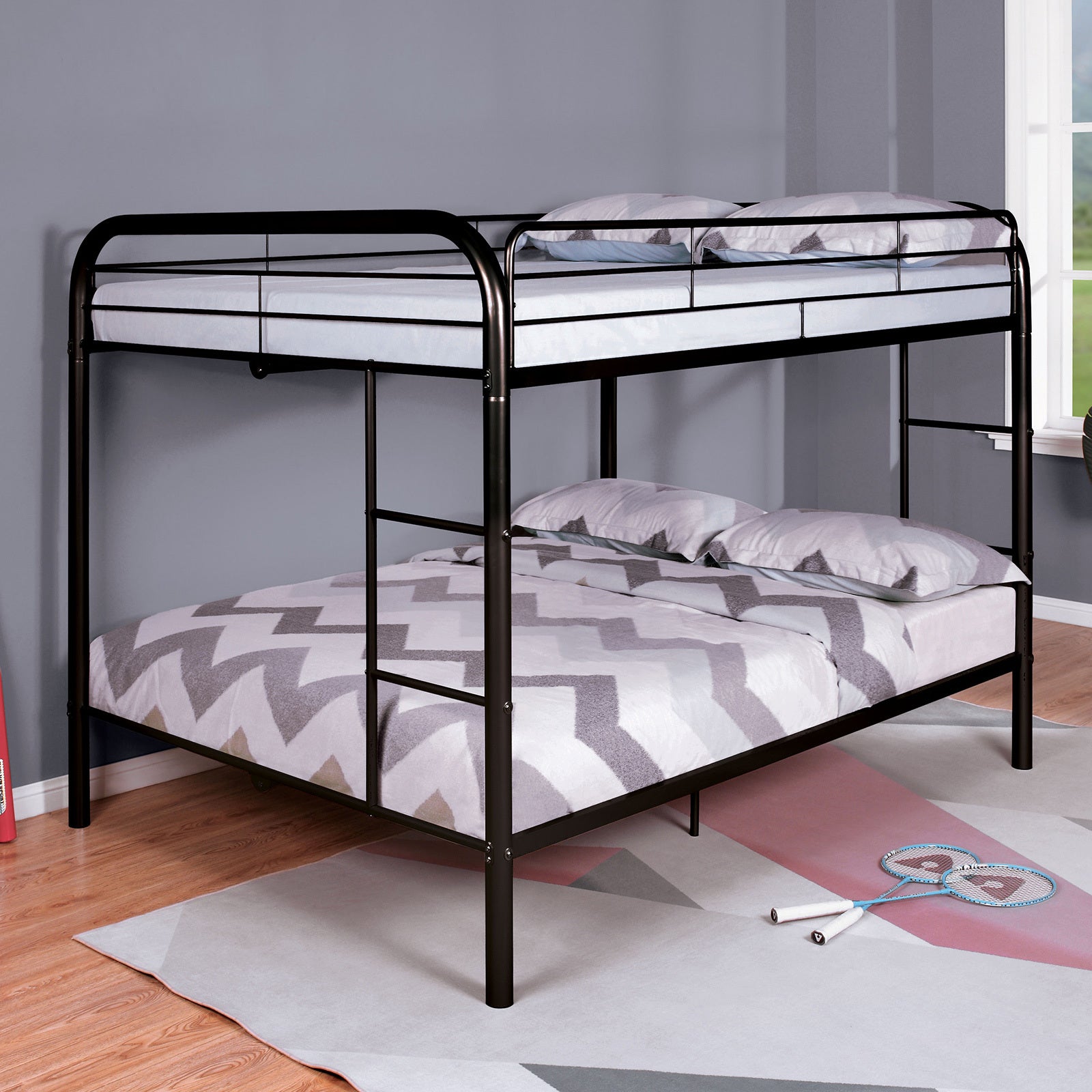 Full Over Full Metal Bunk Bed - Contemporary Black Angled Ladder