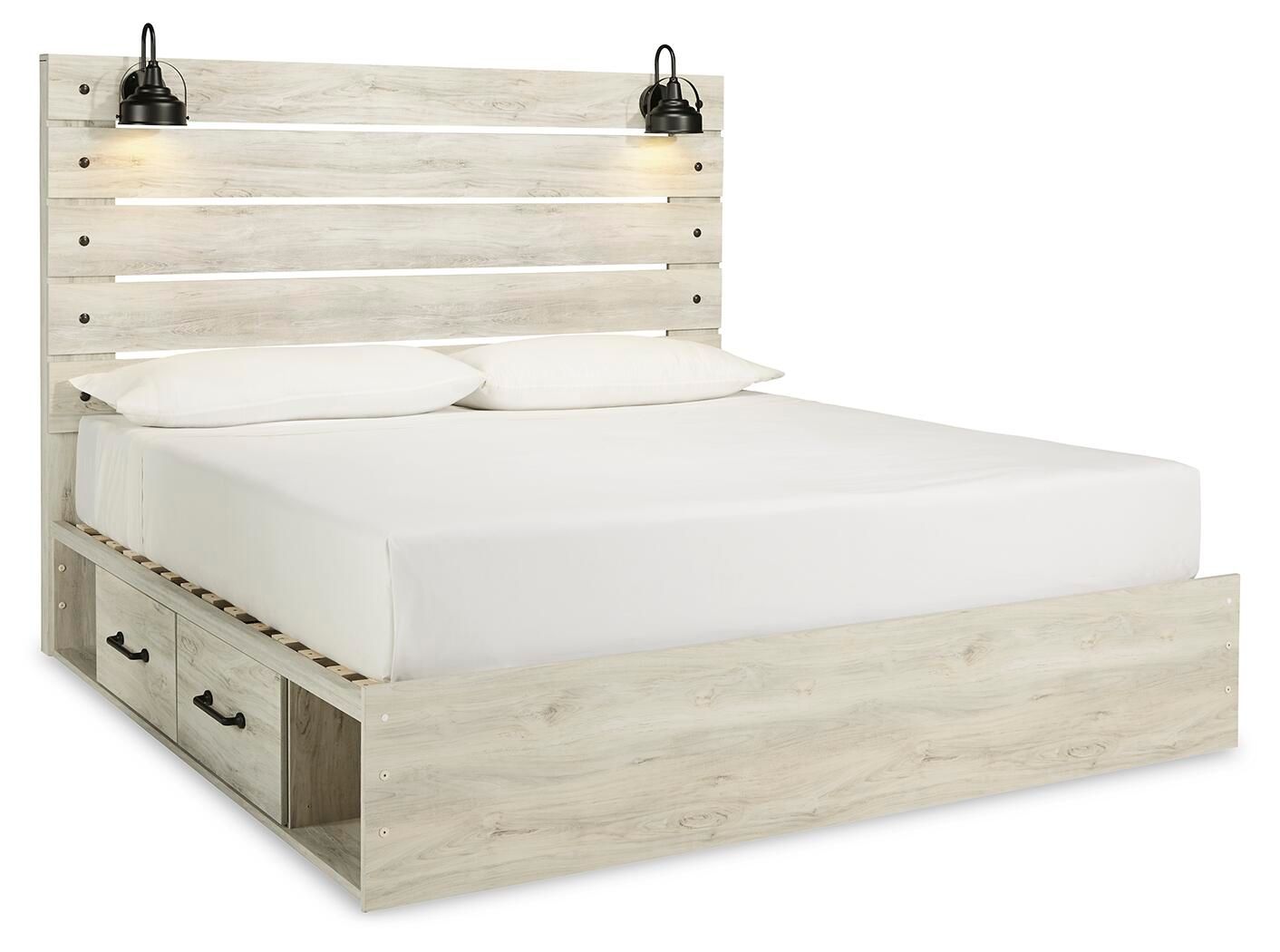 Beige panel bed with white mattress and two front storage drawers, tall headboard