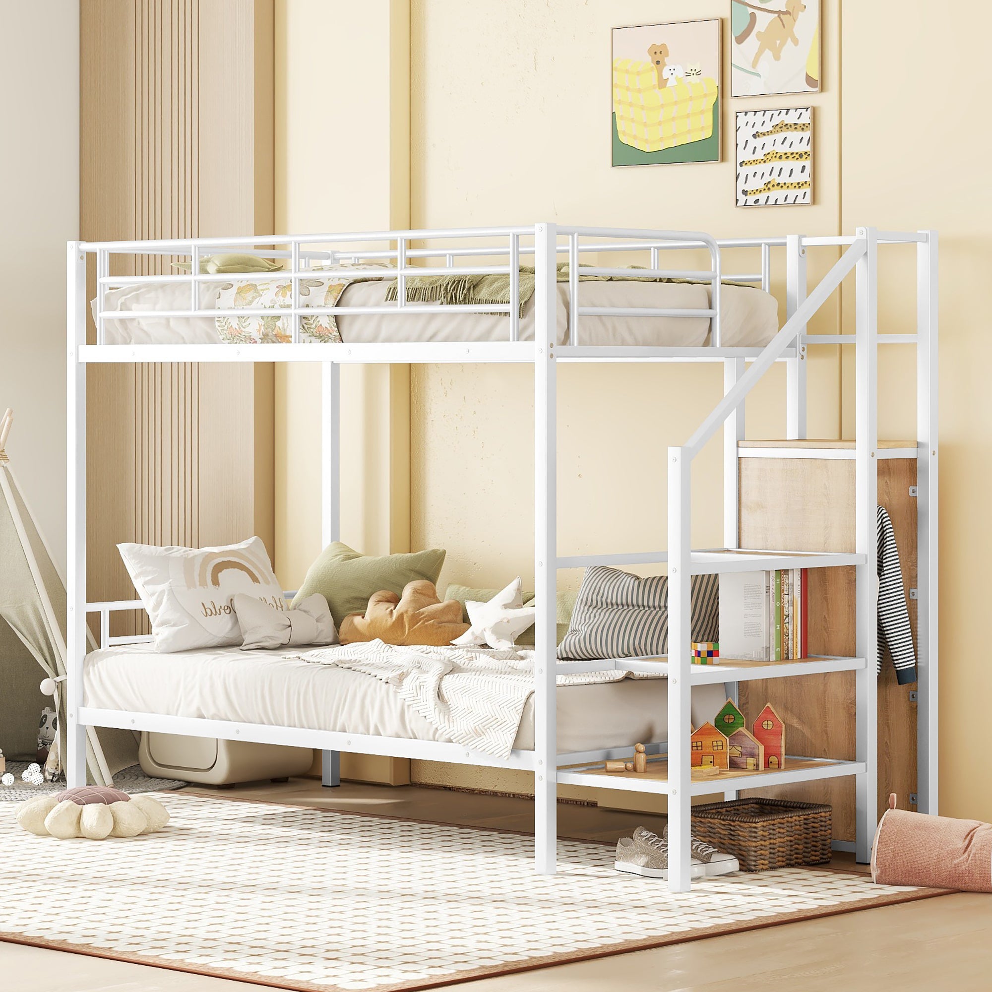 White Twin Over Twin Metal Bunk Bed with Lateral Storage Ladder & Wardrobe