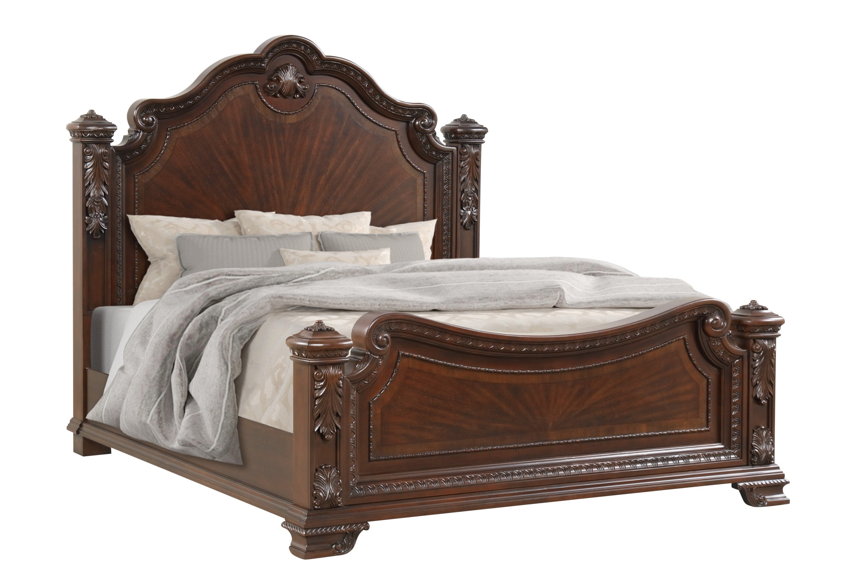 Traditional Walnut Queen Bed with Intricate Wood Carvings