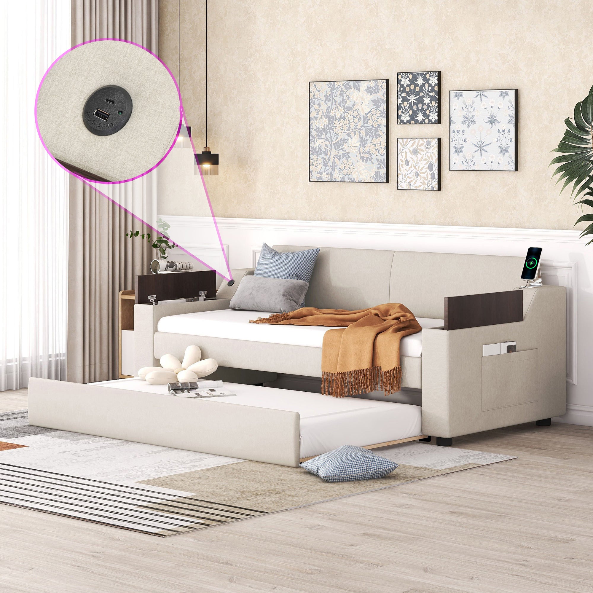Twin Upholstered Daybed: Storage Arms, Trundle, USB - Beige