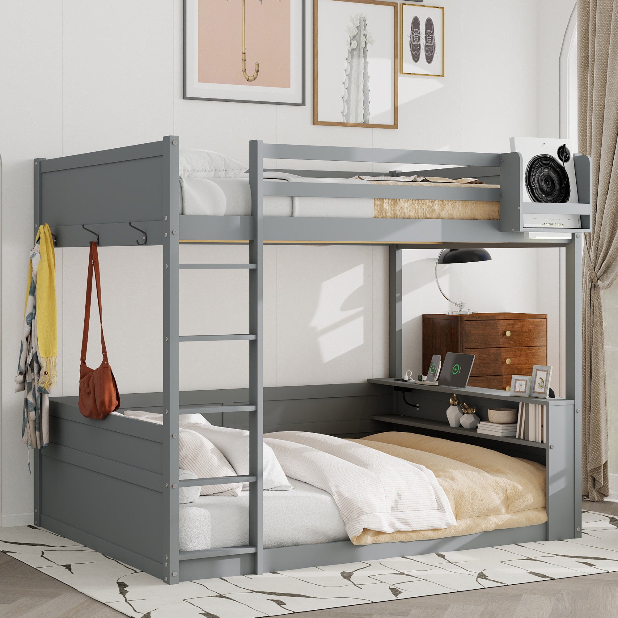 Queen Wood Bunk Bed: Shelves, Storage, LED, USB - Grey