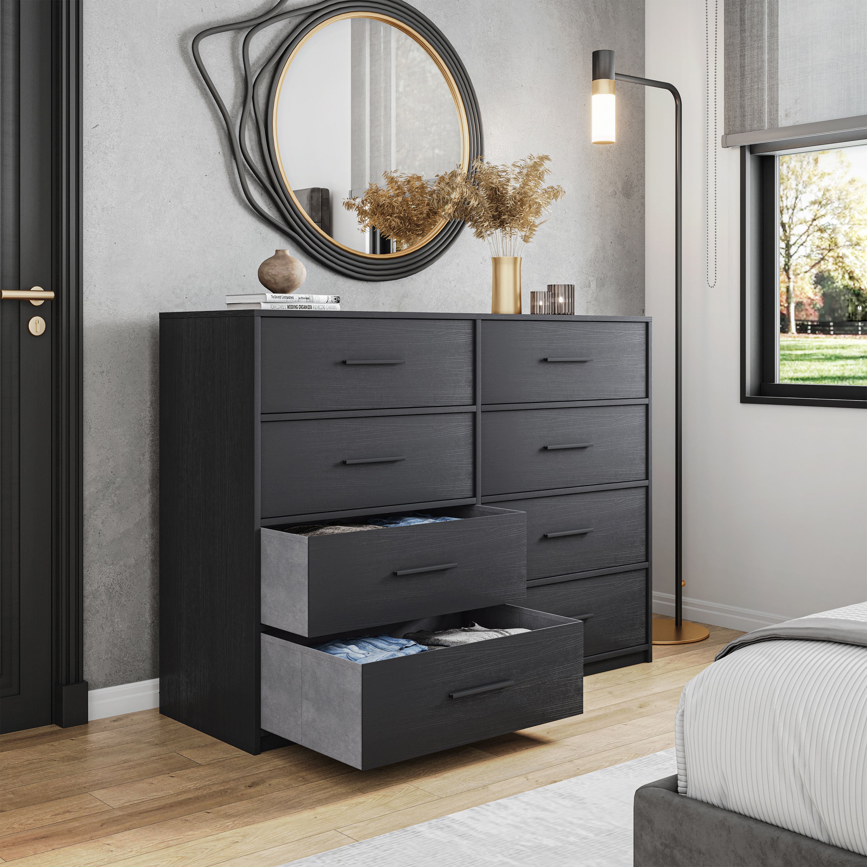 8-Drawer Black Dresser with Large Fabric Drawers