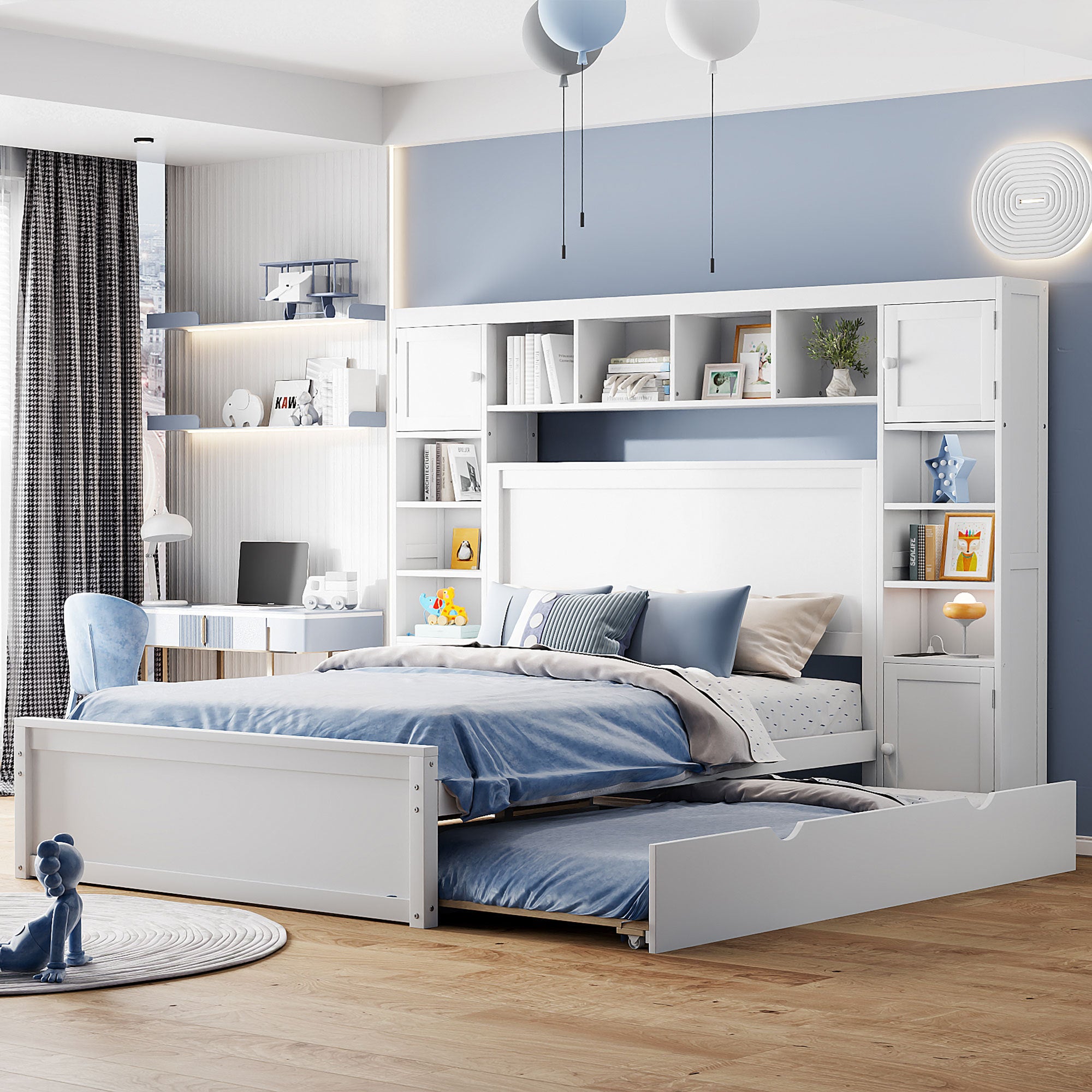 White Full Size Wooden Bed w/ All-in-One Cabinet, Shelf, Sockets & Trundle