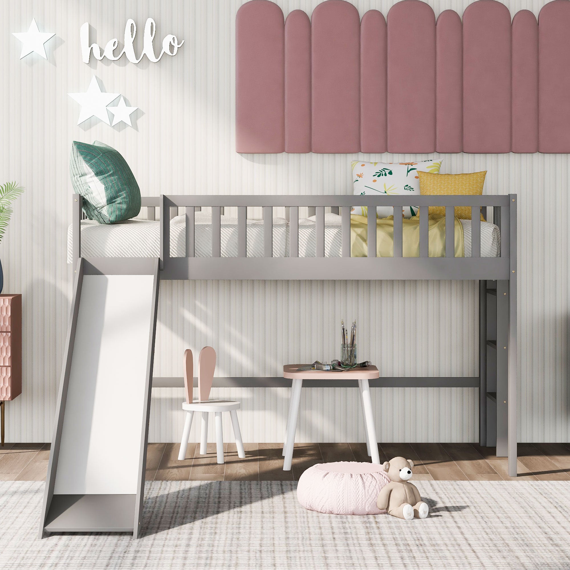 Twin Size Low Loft Bed with Ladder & Slide, Gray Kids Bedroom