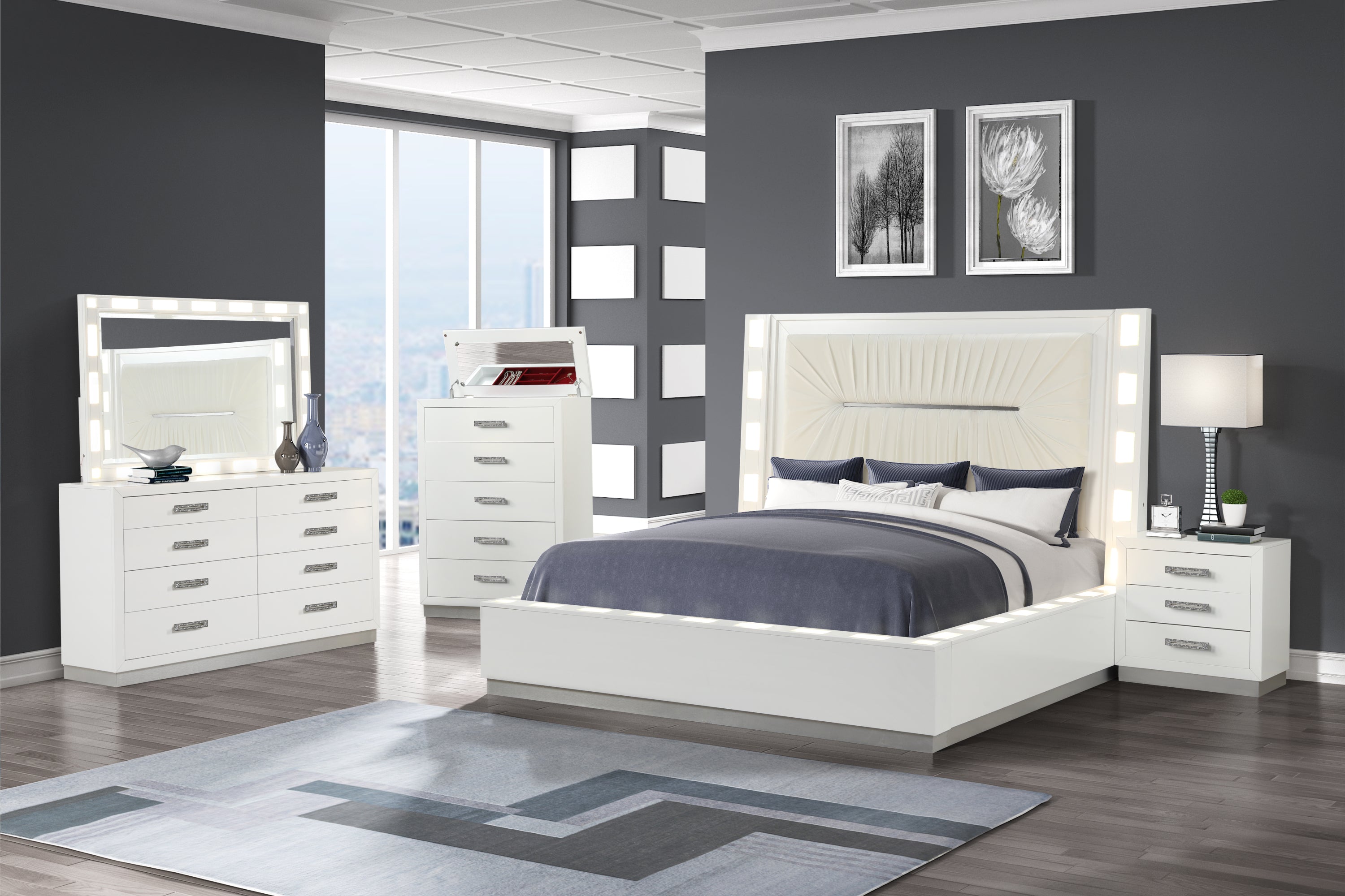 Queen 5 Pc LED Wood Bedroom Set | Milky White Furniture