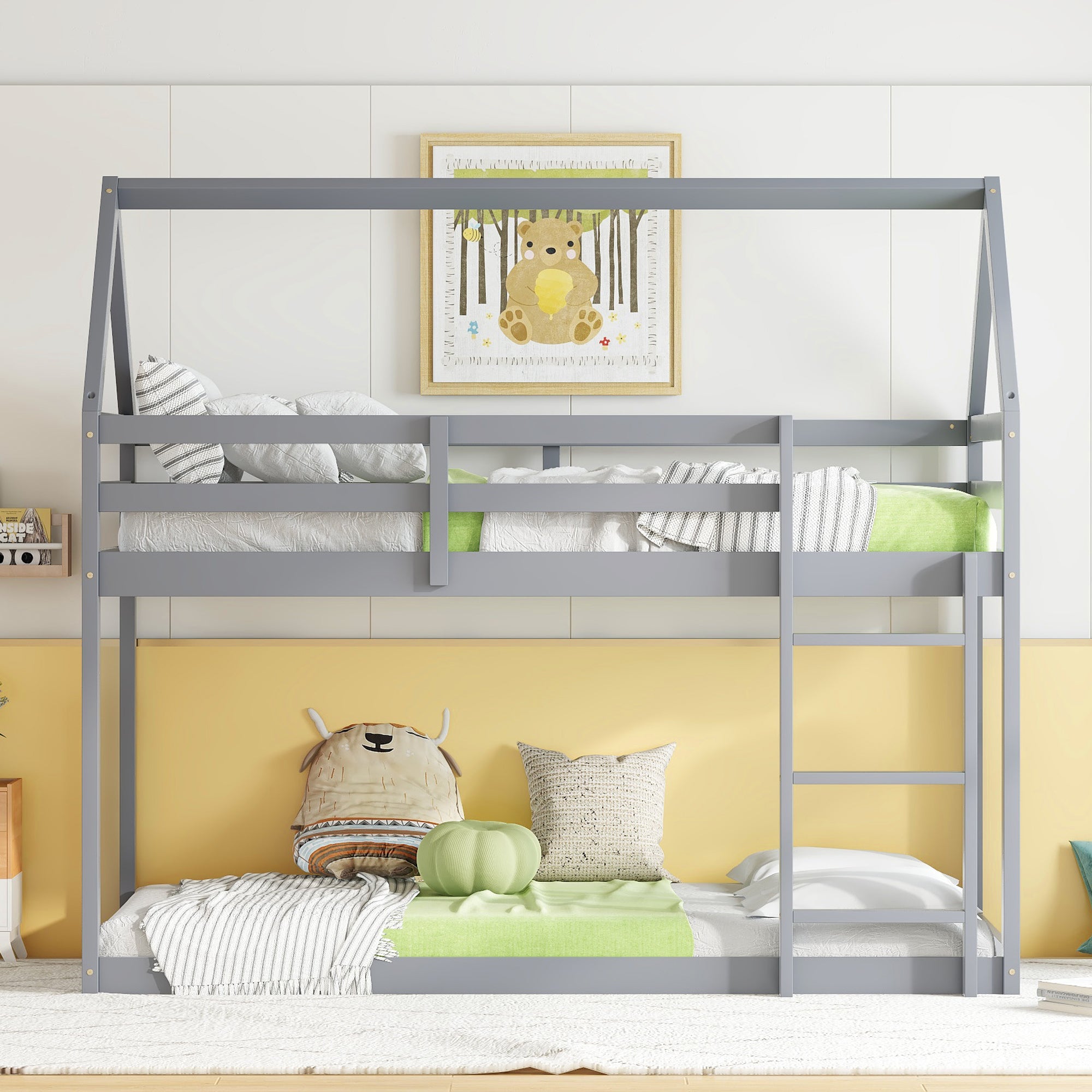 Grey Twin Over Twin House Bunk Bed - Rubber Wood, Ladder & Rails