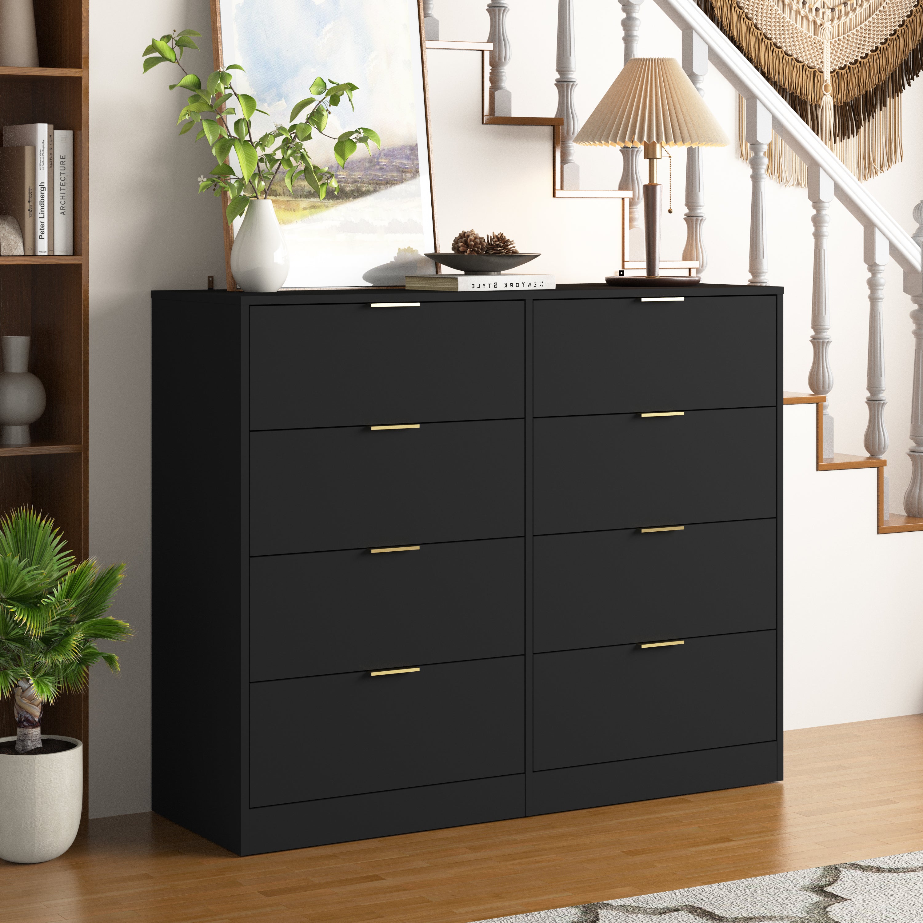 Black Modern 8-Drawer Wood Dresser for Bedroom Closet